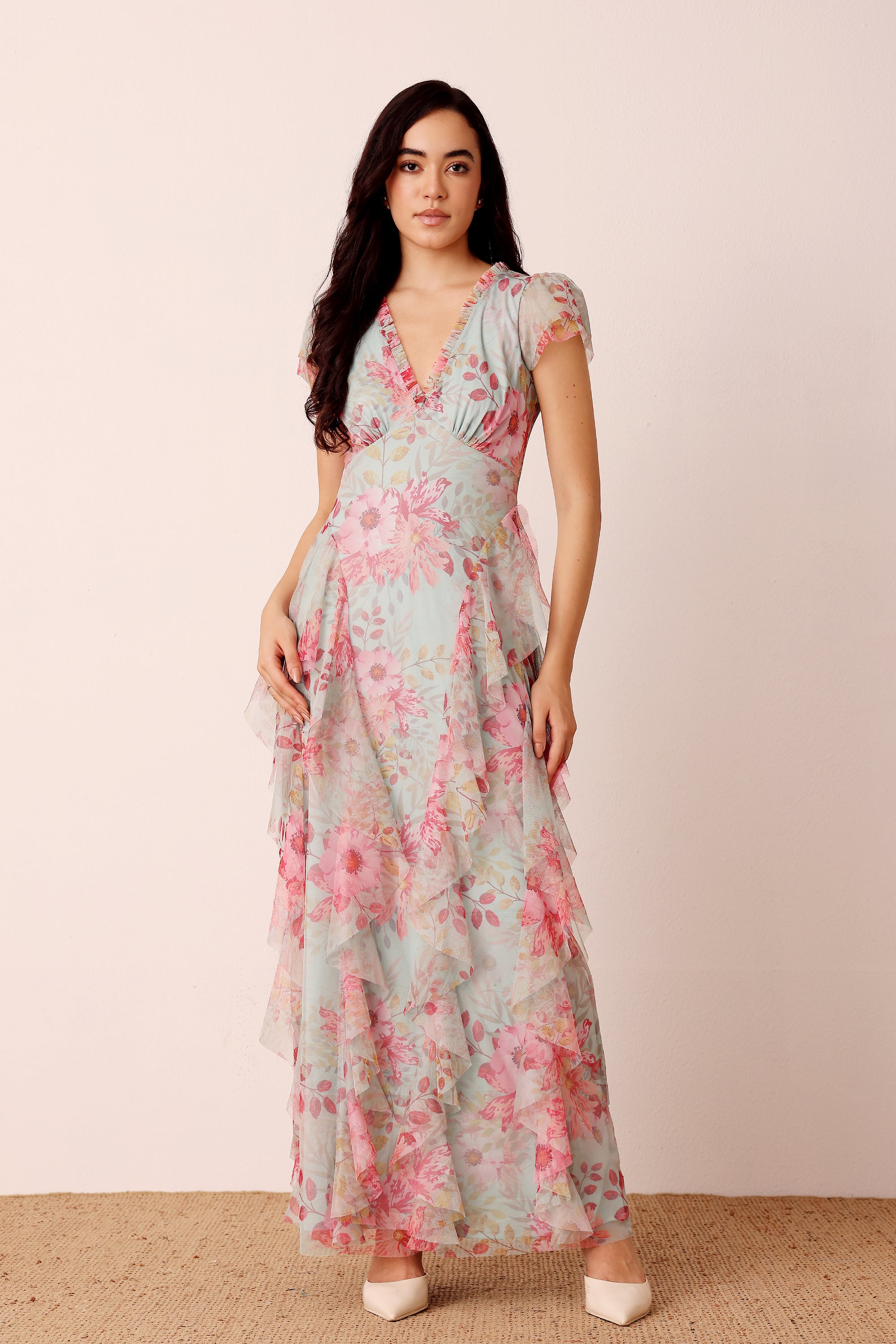 Capped sleeve V-neckline ruffle maxi wedding guest dress mint teal pink floral