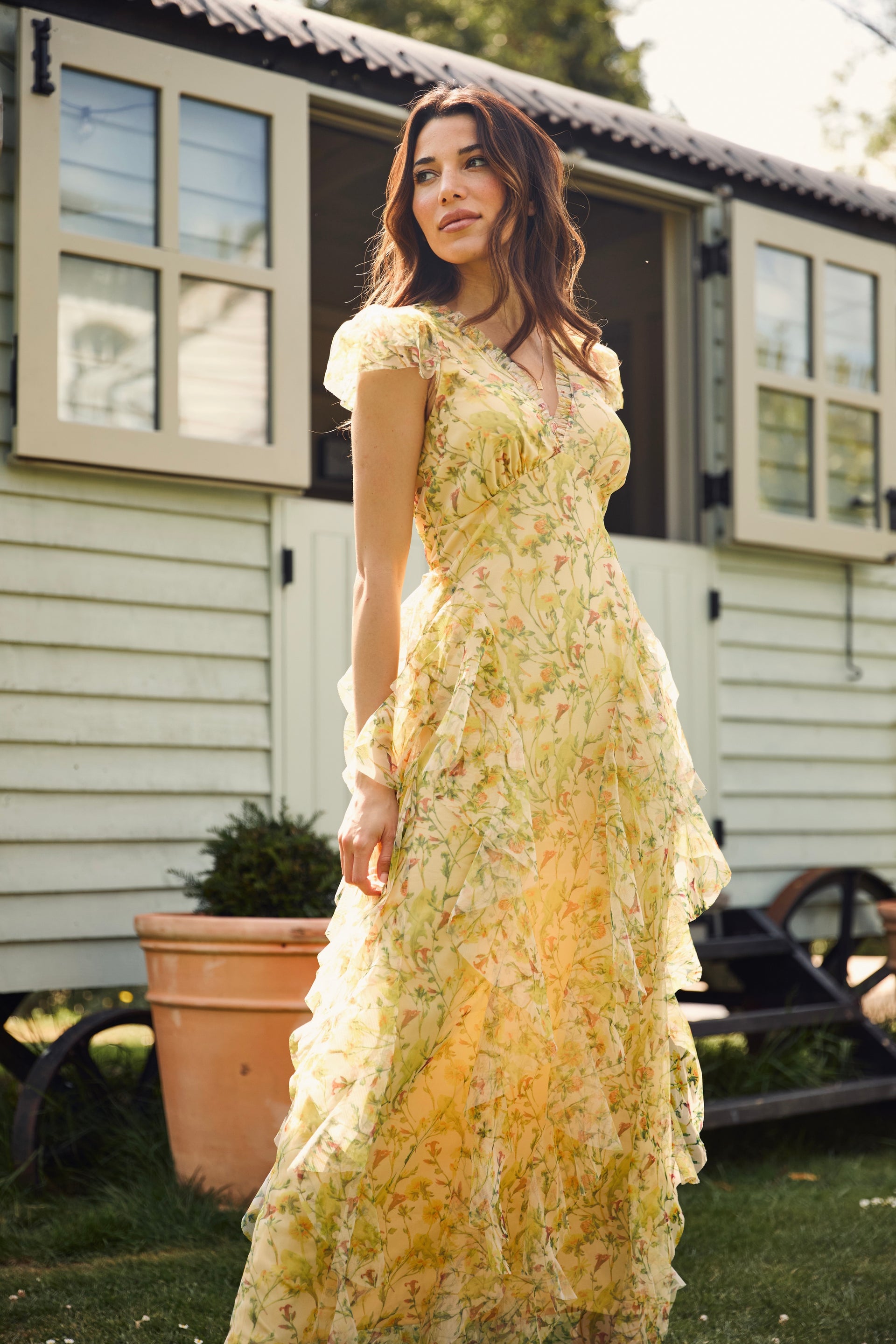 yellow floral floor length dress Yellow Floral Spaghetti Straps A-line Long Prom Dress – Dreamdressy main image 0