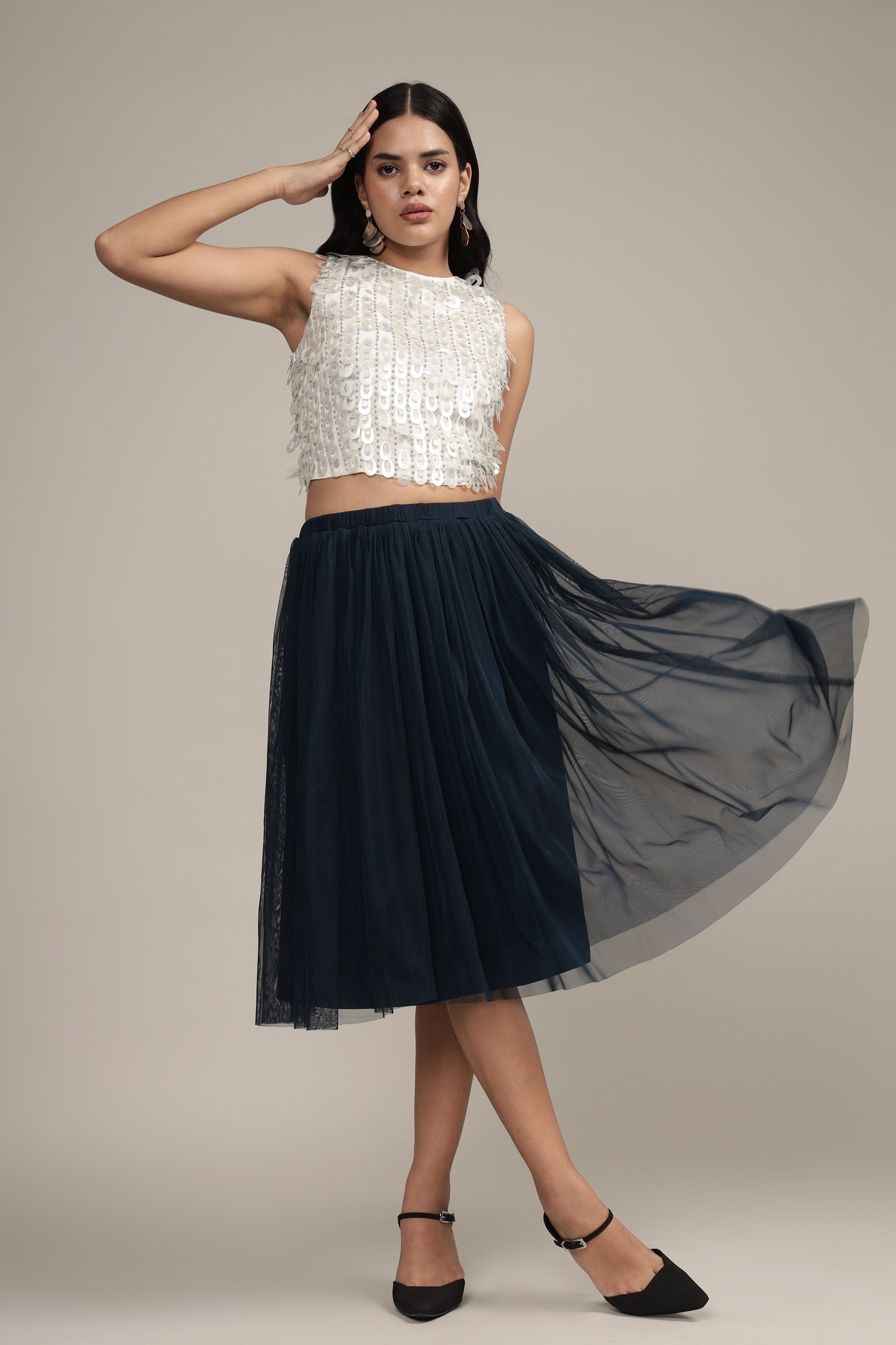 Merlin Navy Tulle Midi Skirt