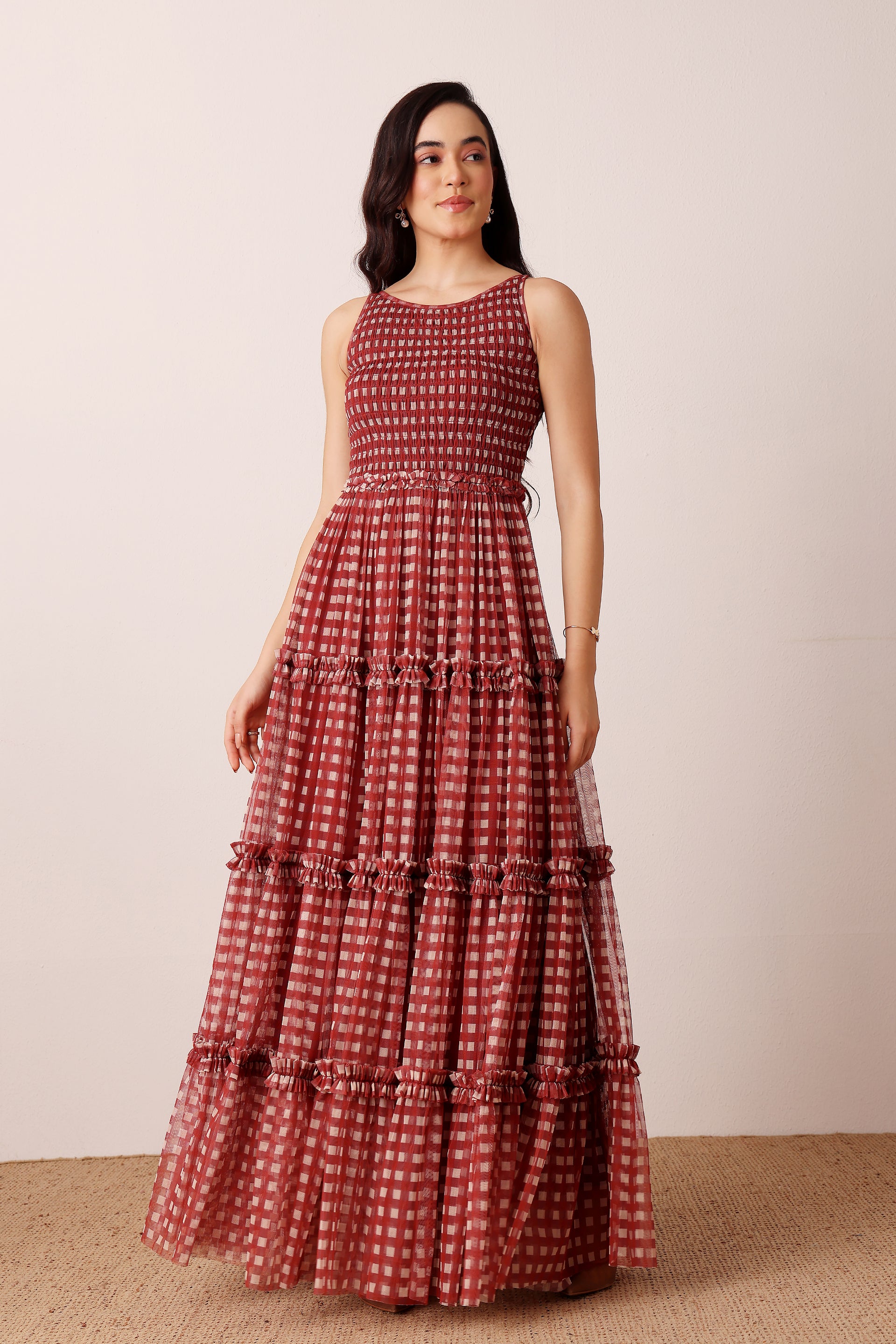 Boat neck tiered maxi skirt plaid burgundy 