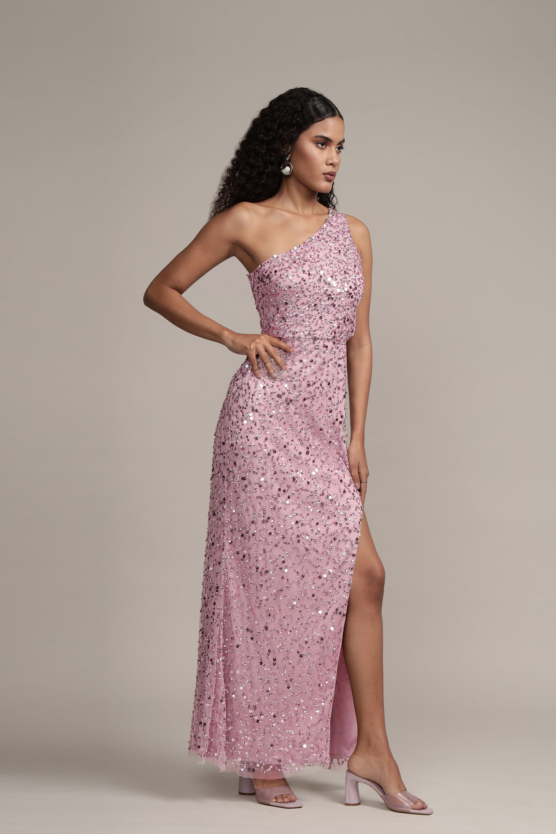 Naeve One Shoulder Sequin Dress in Pink