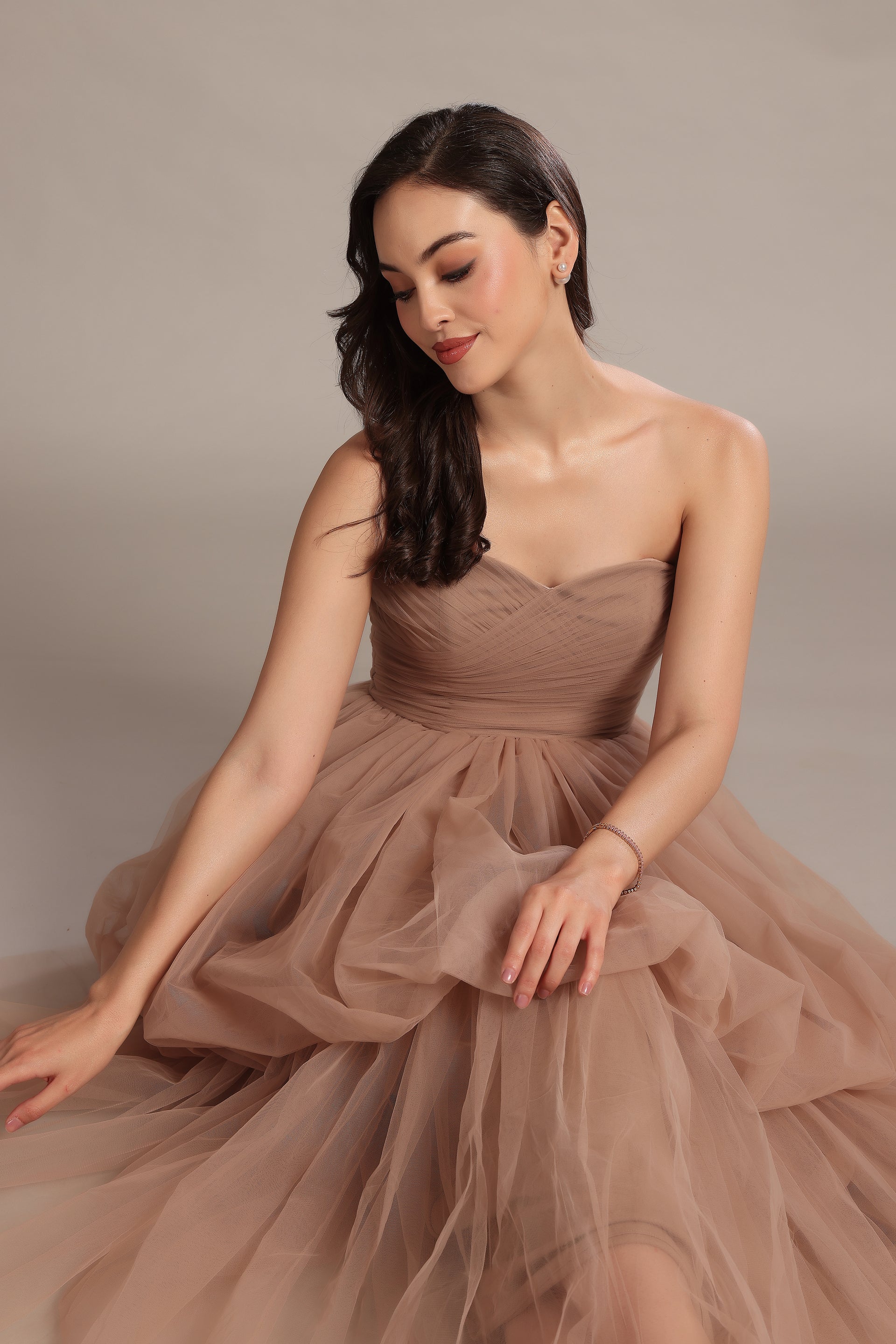 Nala Tulle Strapless Maxi Dress in Taupe