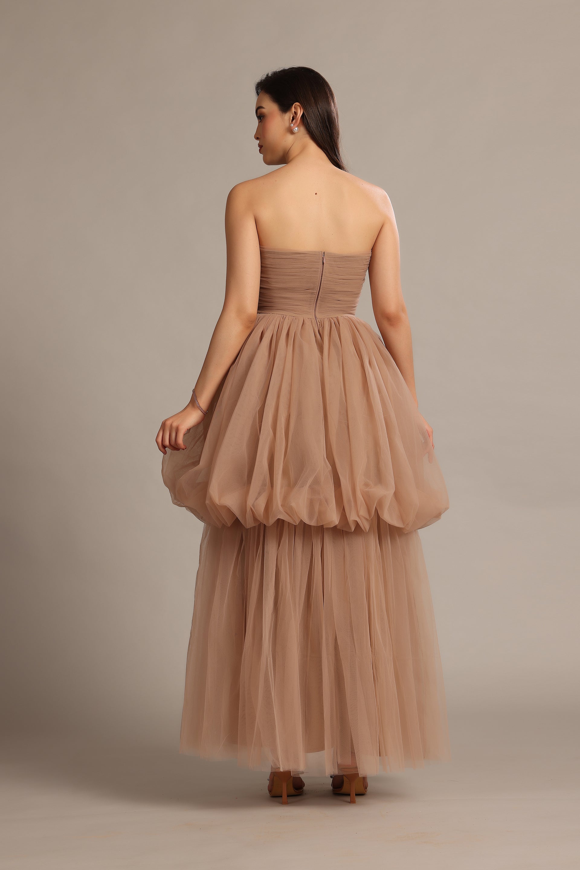 Nala Tulle Strapless Maxi Dress in Taupe