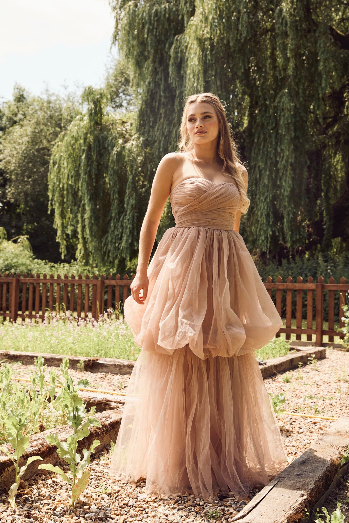 Nala Tulle Strapless Maxi Dress in Taupe