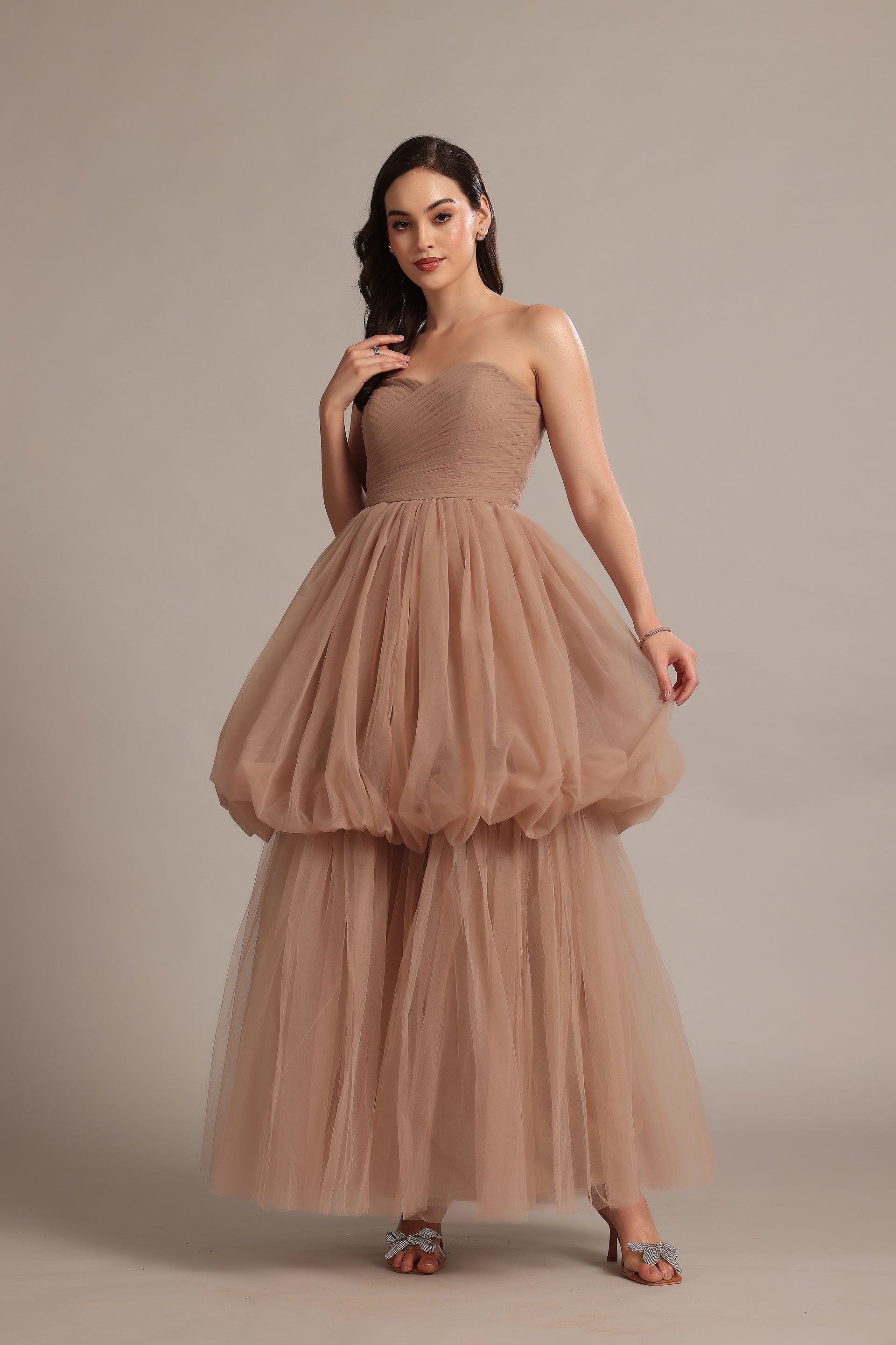 Nala Tulle Strapless Maxi Dress in Taupe