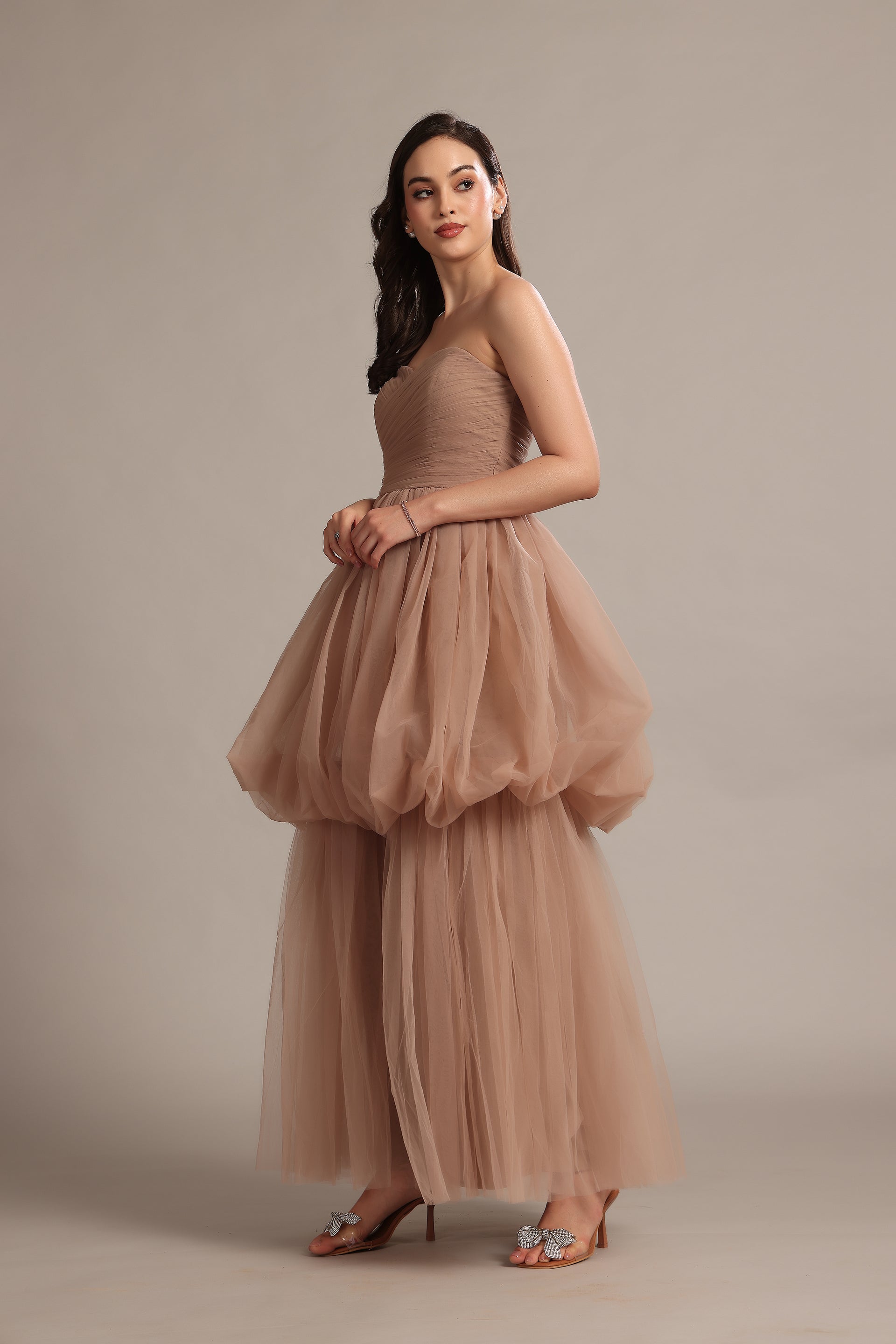 Nala Tulle Strapless Maxi Dress in Taupe