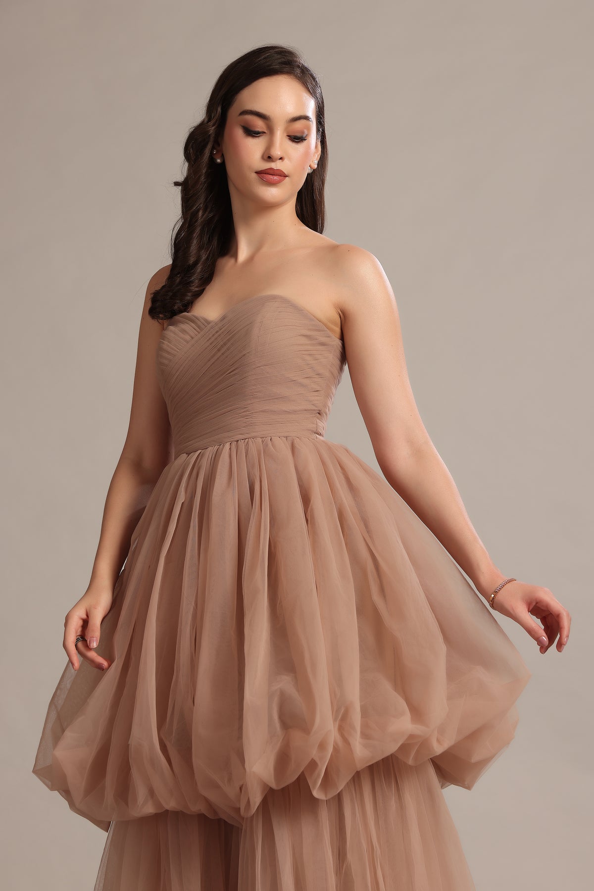Nala Tulle Strapless Maxi Dress in Taupe
