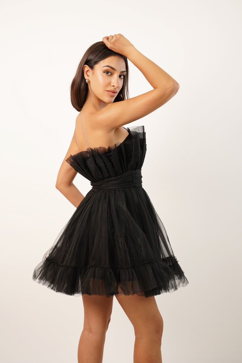Nanita Tulle Mini Dress in Black