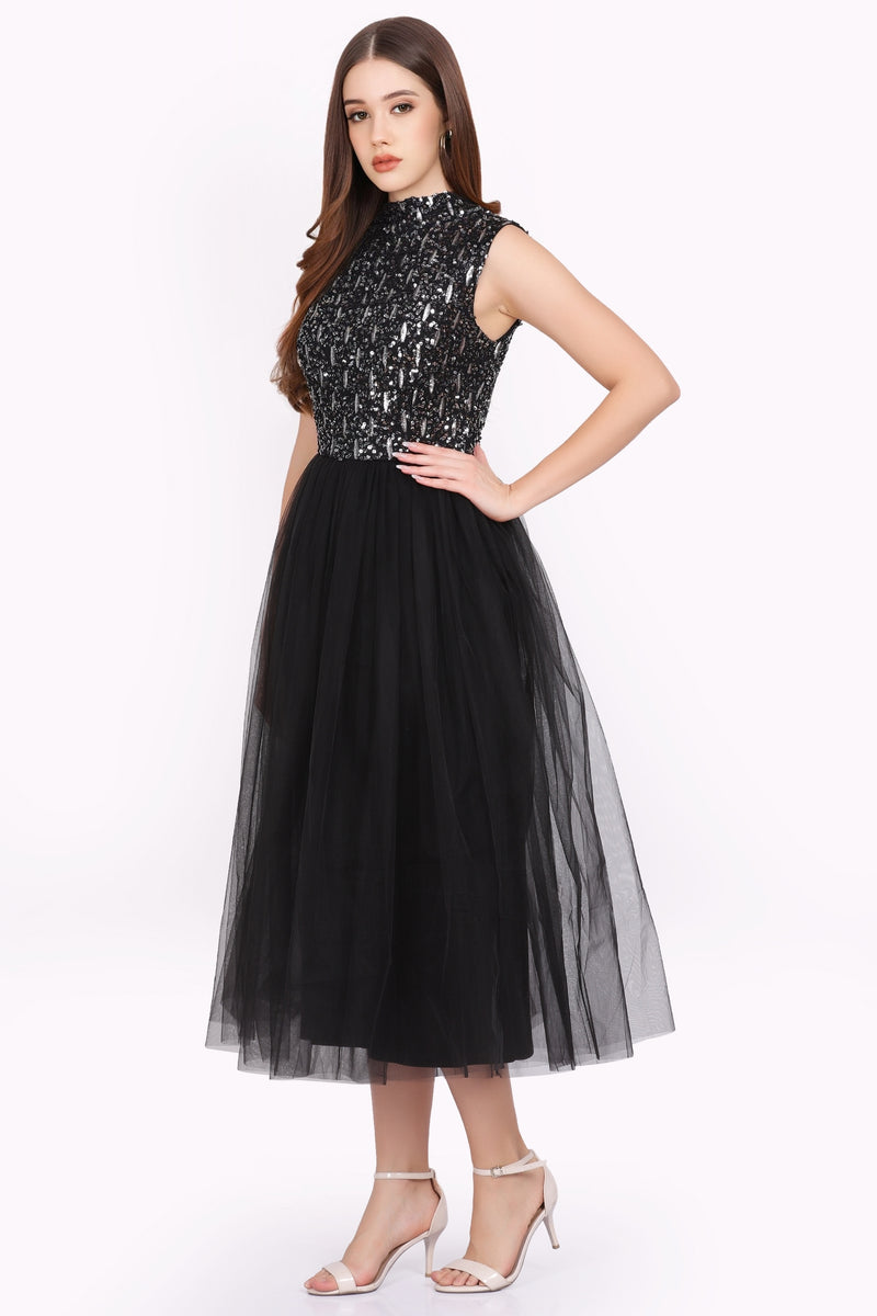 Nanta Black Embellished Midi Dress