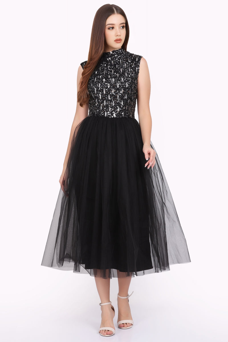 Nanta Black Embellished Midi Dress