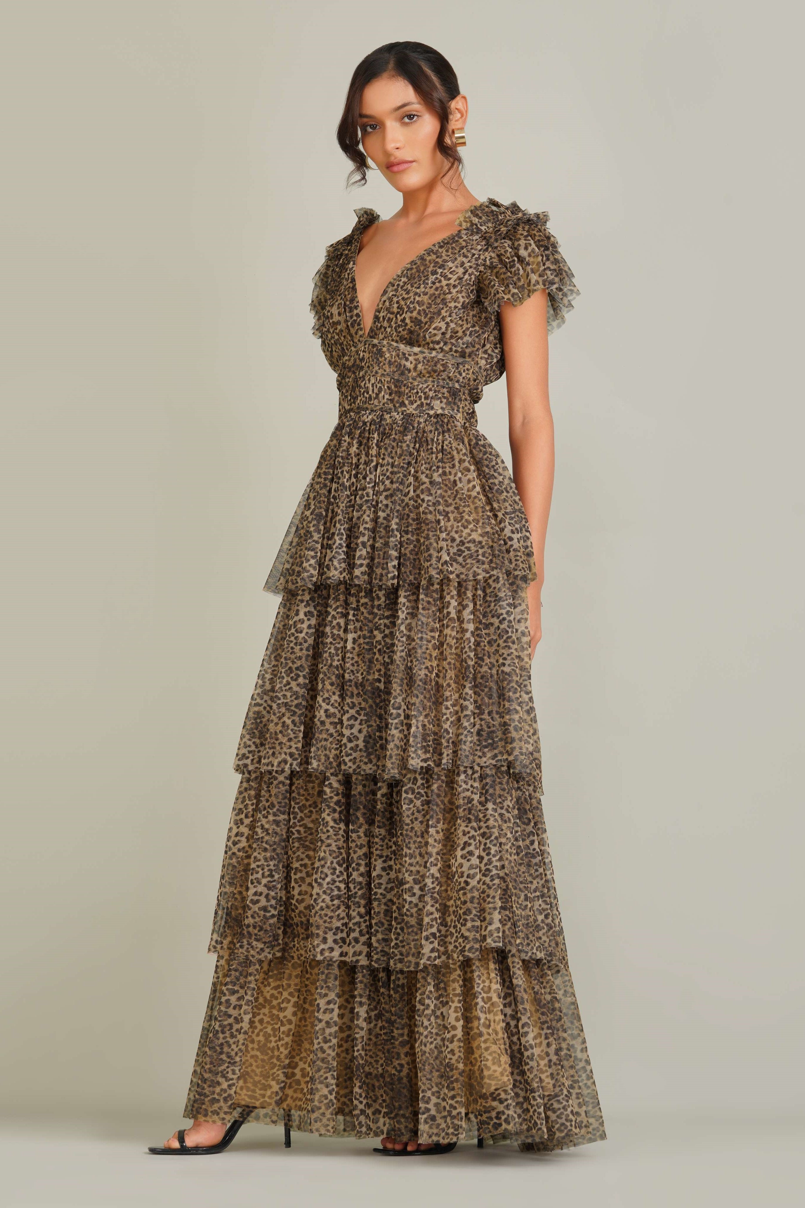Animal Leopard Brown Ruffle Shoulder Wedding Guest Occasion Tiered Maxi