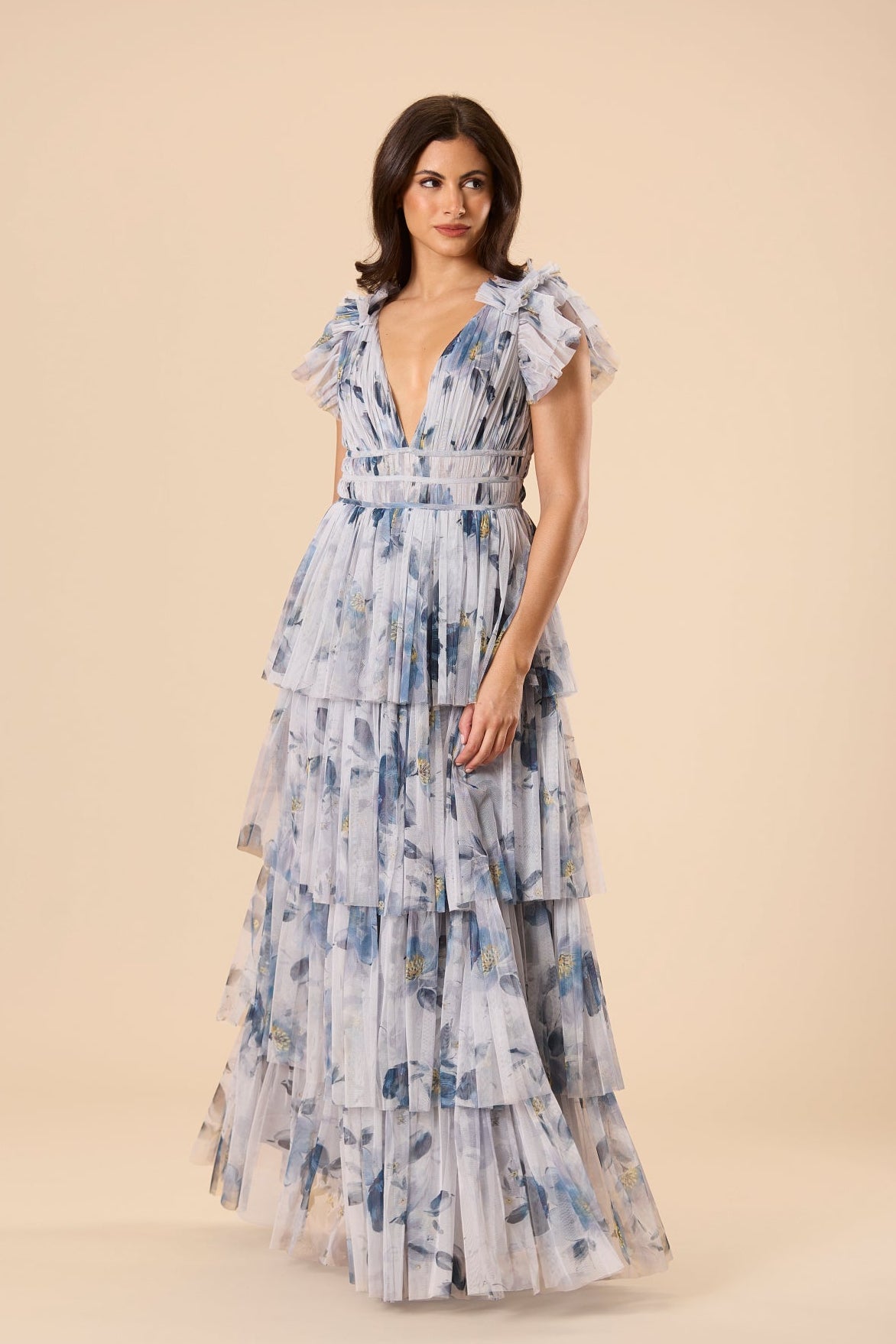 Ruffle shoulder maxi dress tulle tiered skirt plunging v-neckline wedding guest floral grey gray blue print