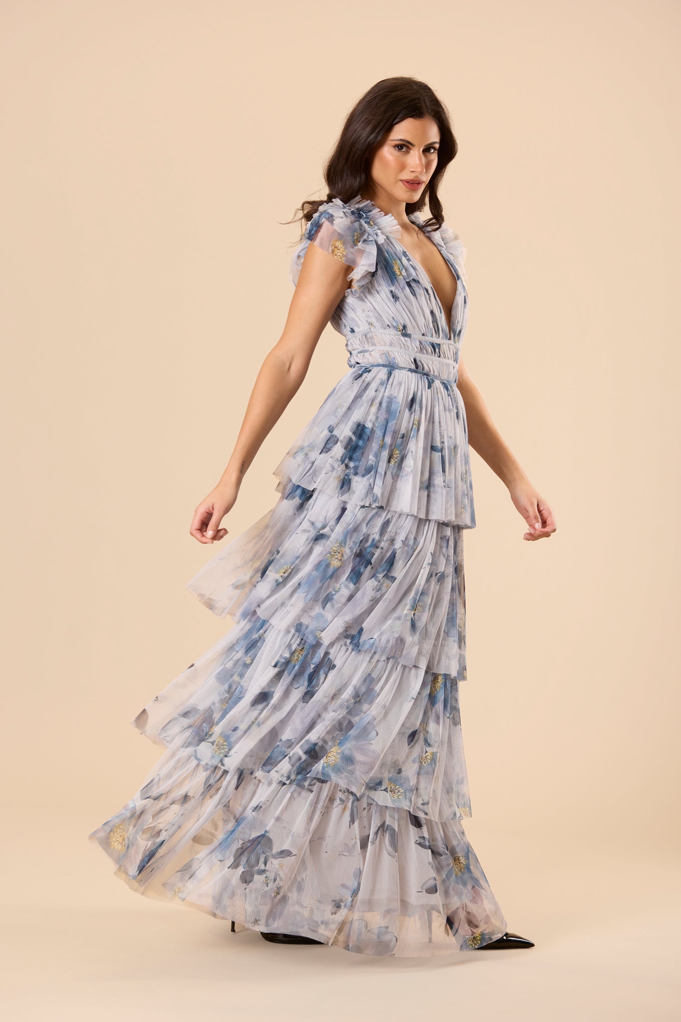 Naomi Tulle Maxi Dress in Grey Magnolia Print