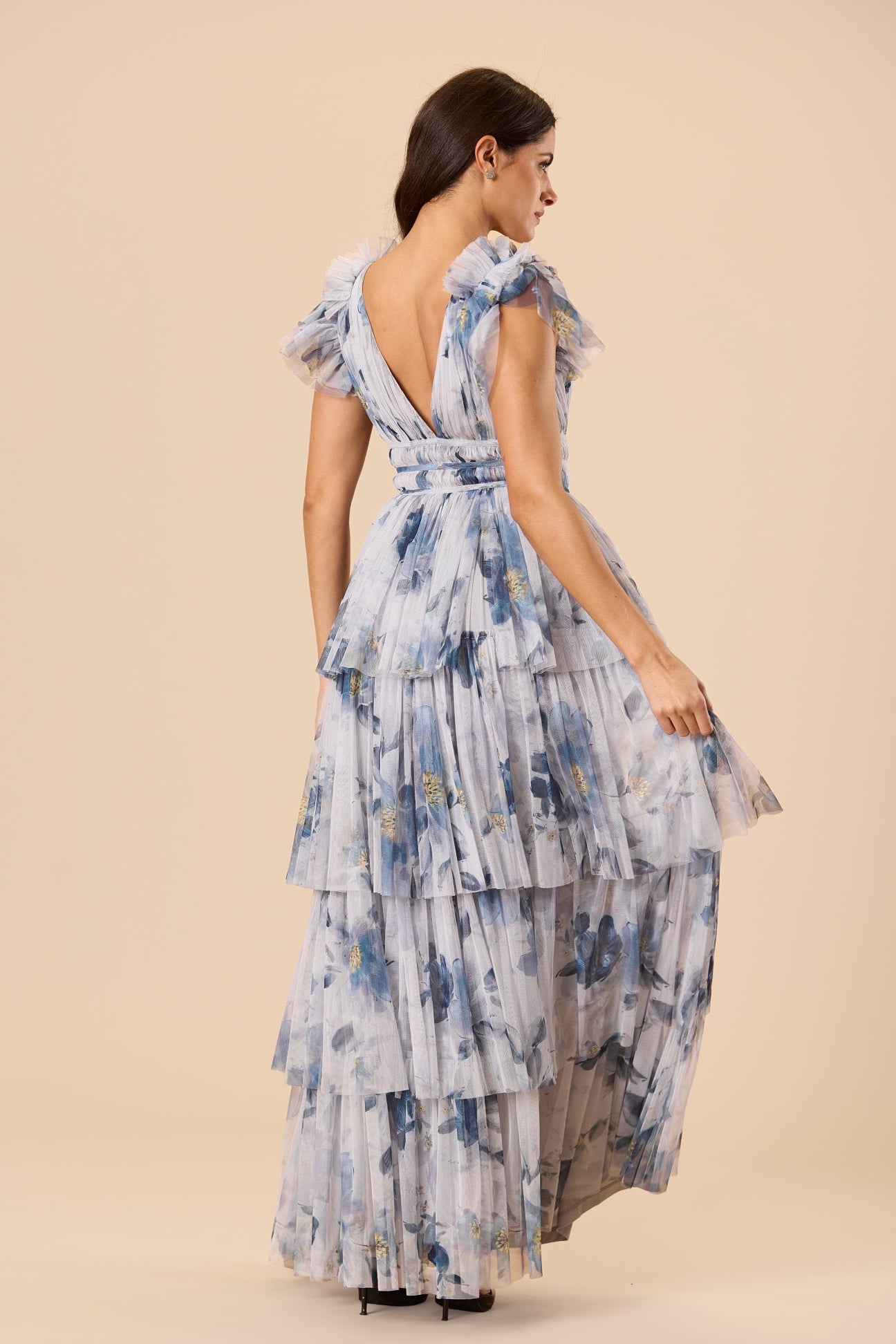 Naomi Tulle Maxi Dress in Grey Magnolia Print
