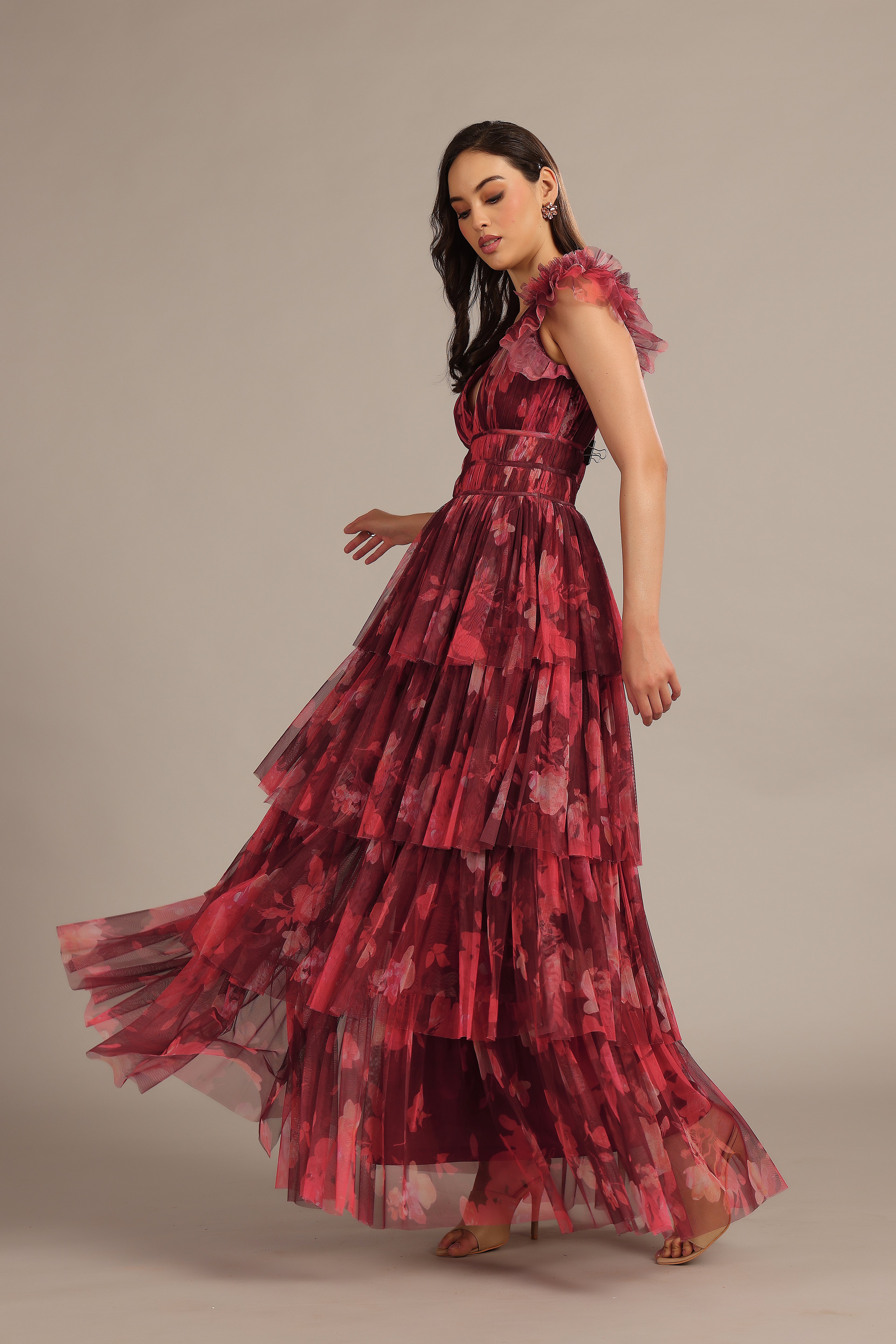 Ruffle shoulder wedding bridesmaid tulle layered maxi dress floral red 