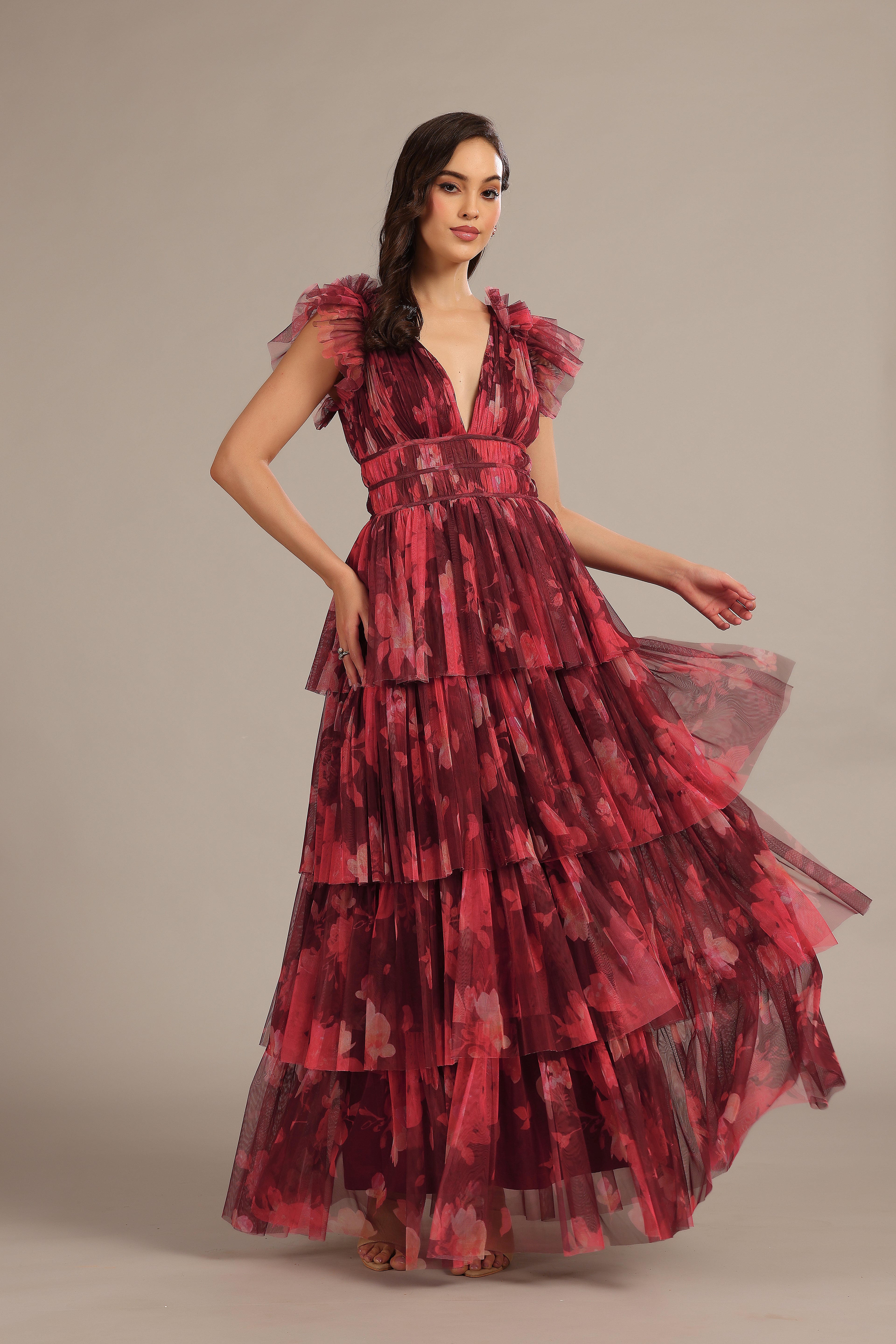 Naomi Tulle Maxi Dress in Deep Red Floral