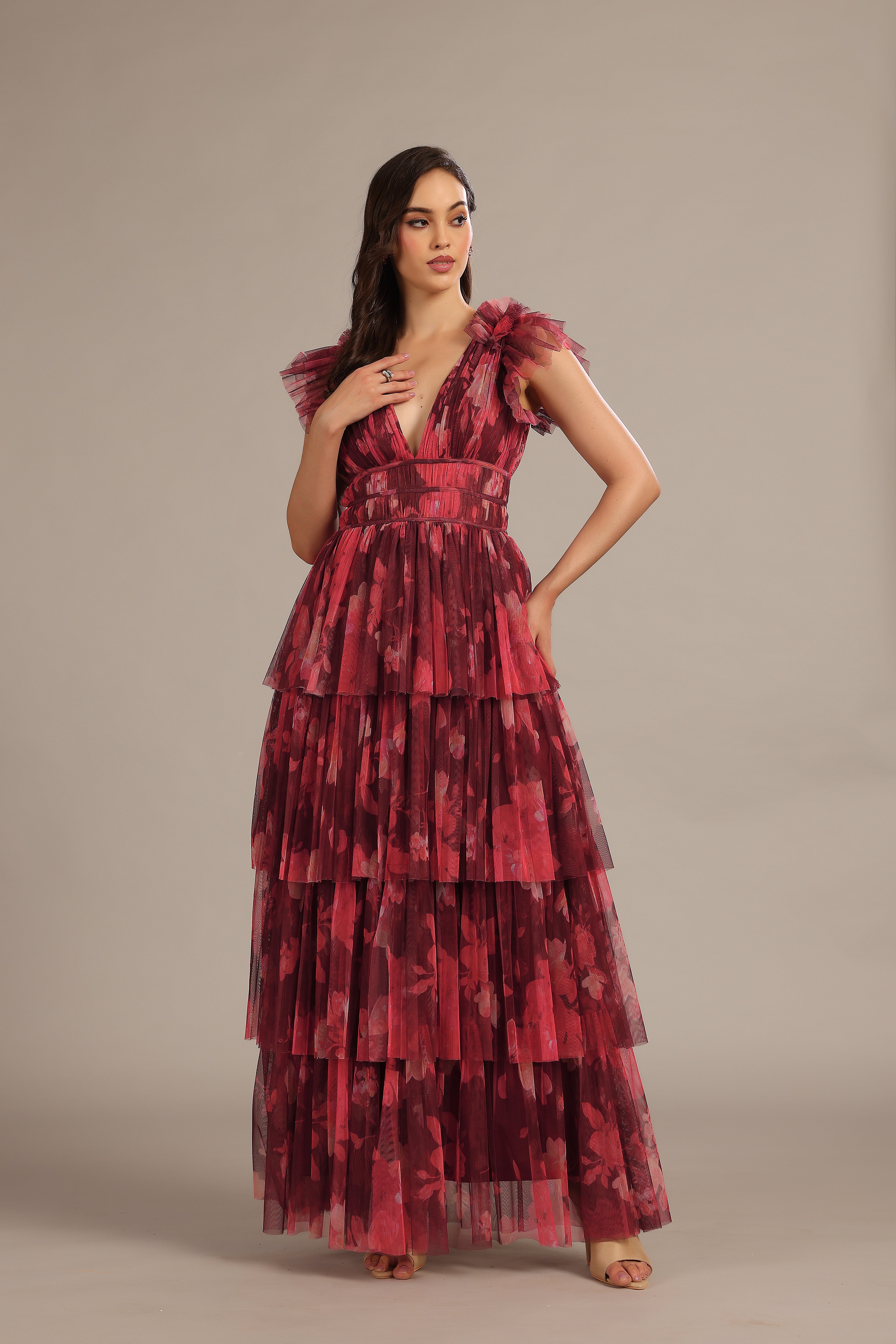 Naomi Tulle Maxi Dress in Deep Red Floral