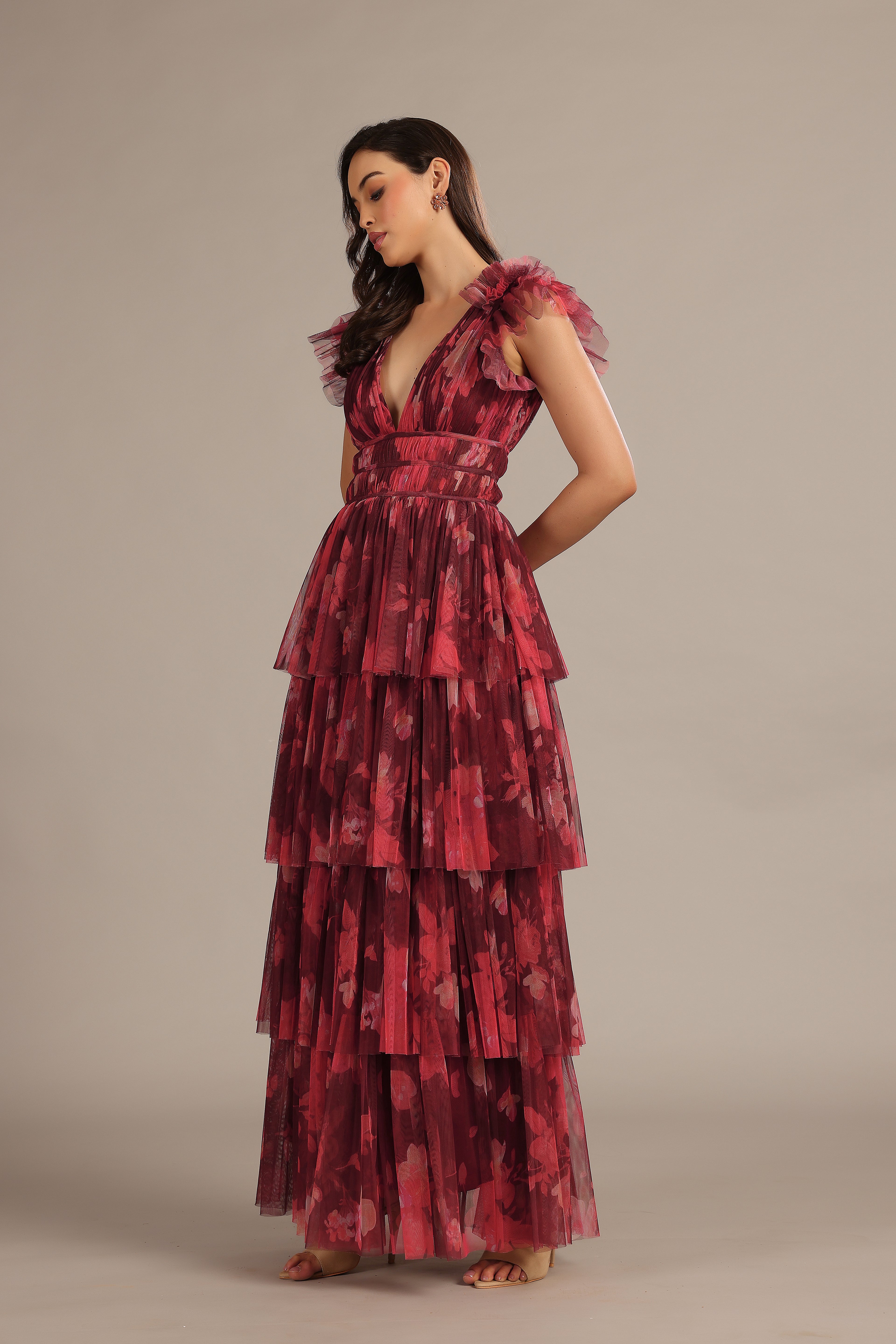 Naomi Tulle Maxi Dress in Deep Red Floral