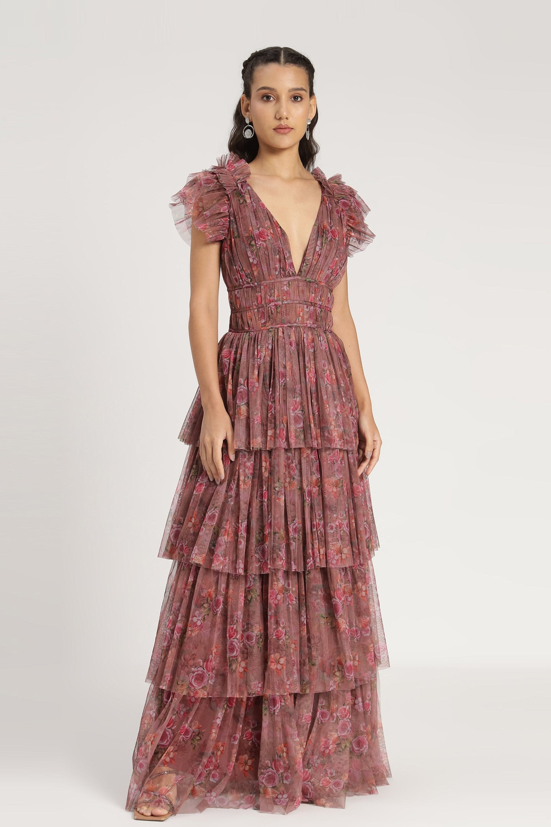 Lace & Beads ruffle shoulder tiered maxi dress in Purple Floral
