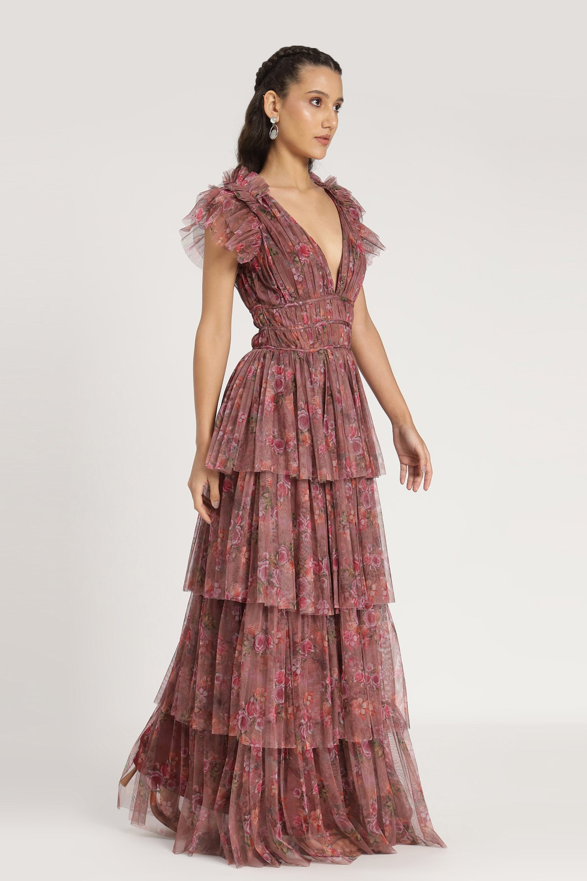 Naomi Tulle Maxi Dress in Purple Floral