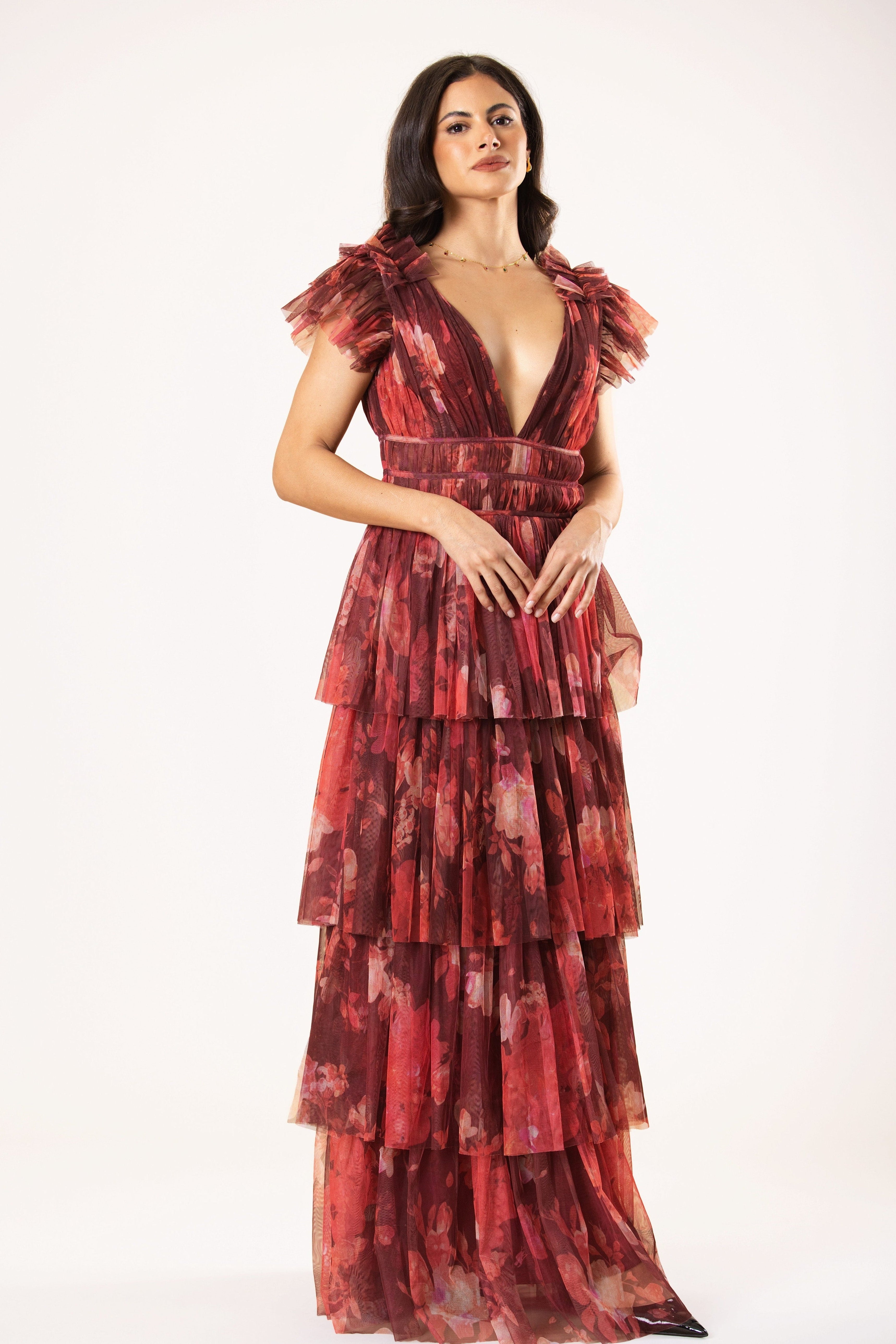 Ruffle shoulder wedding bridesmaid tulle layered maxi dress floral red 