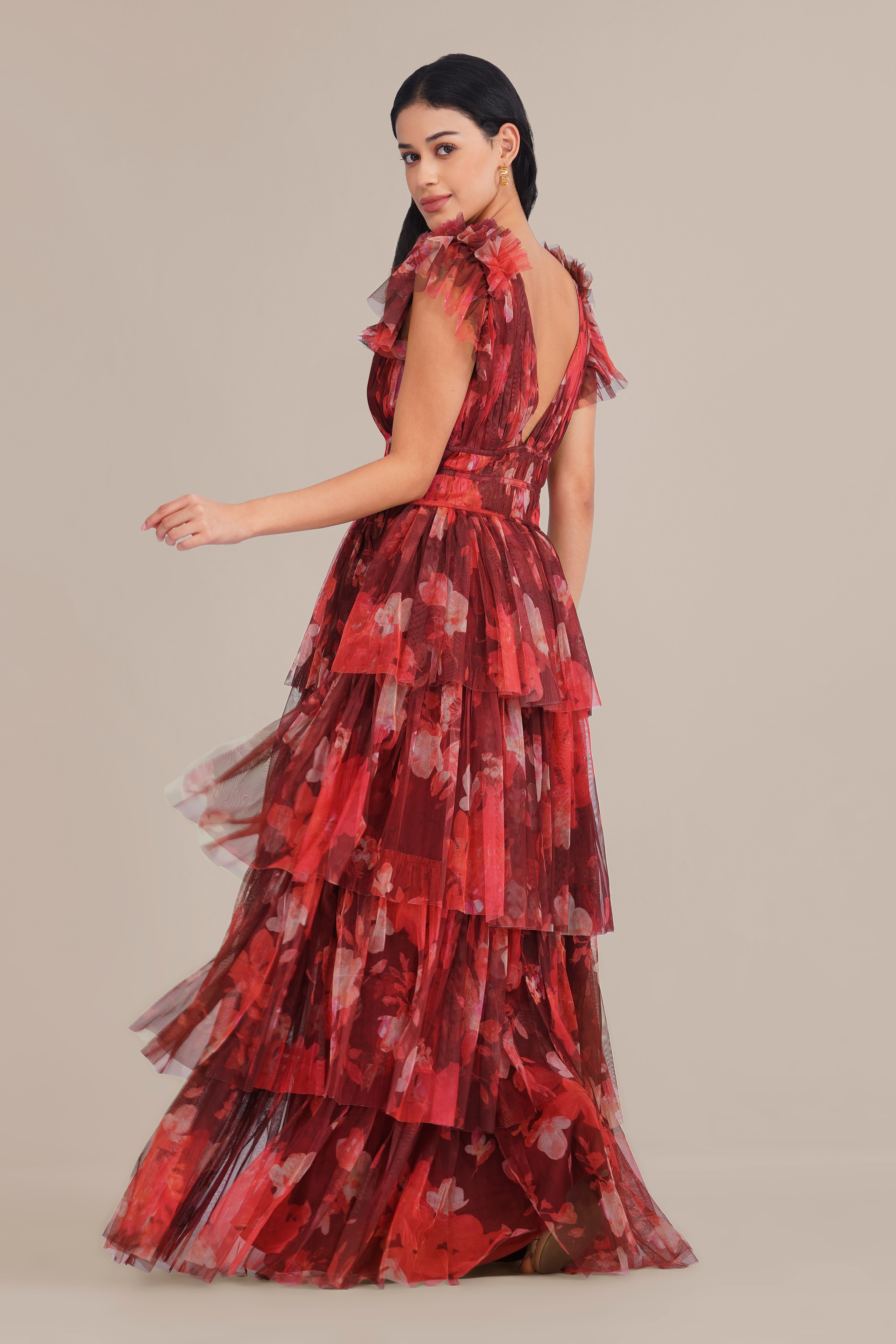 Naomi Tulle Maxi Dress in Deep Red Floral