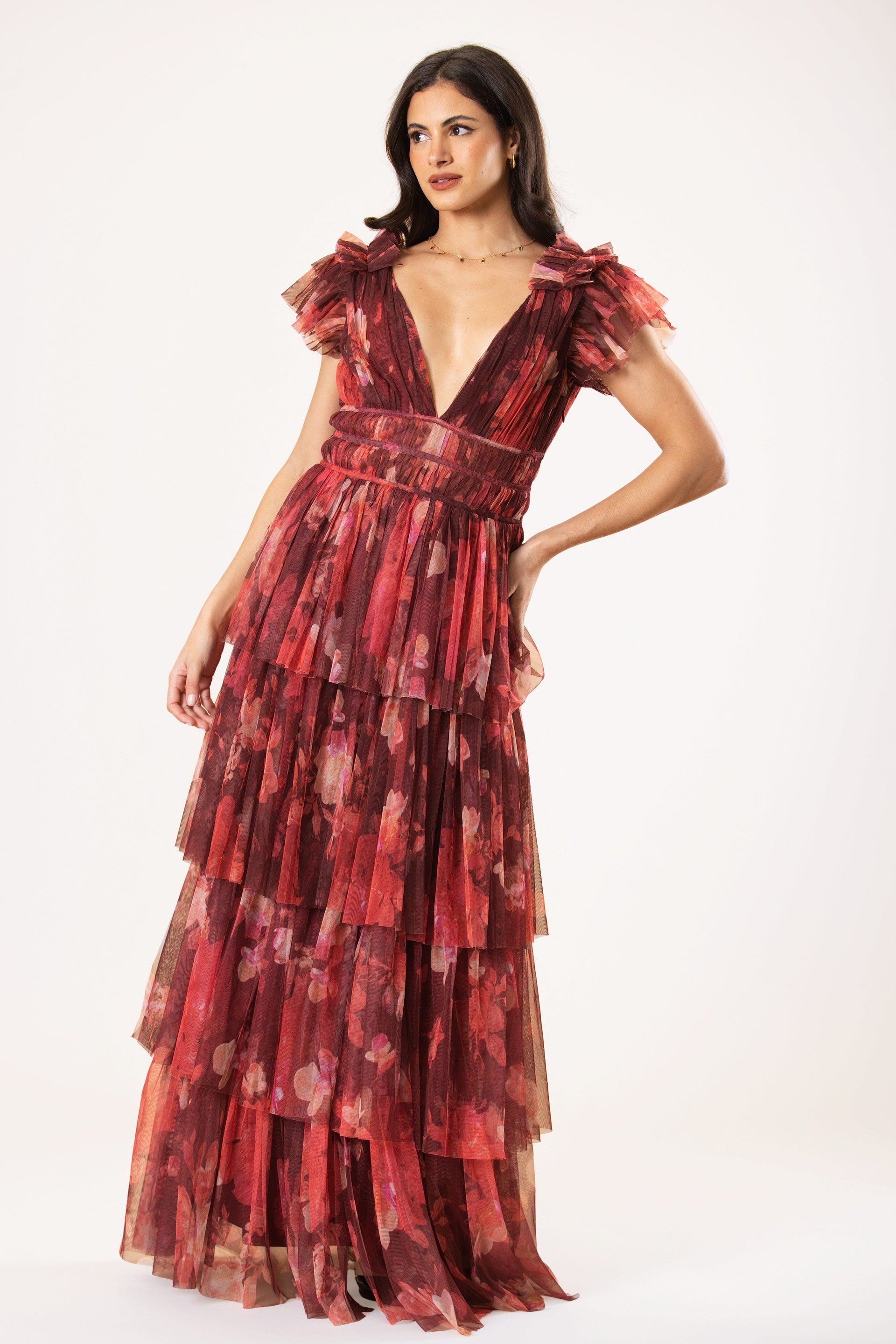 Naomi Tulle Maxi Dress in Deep Red Floral