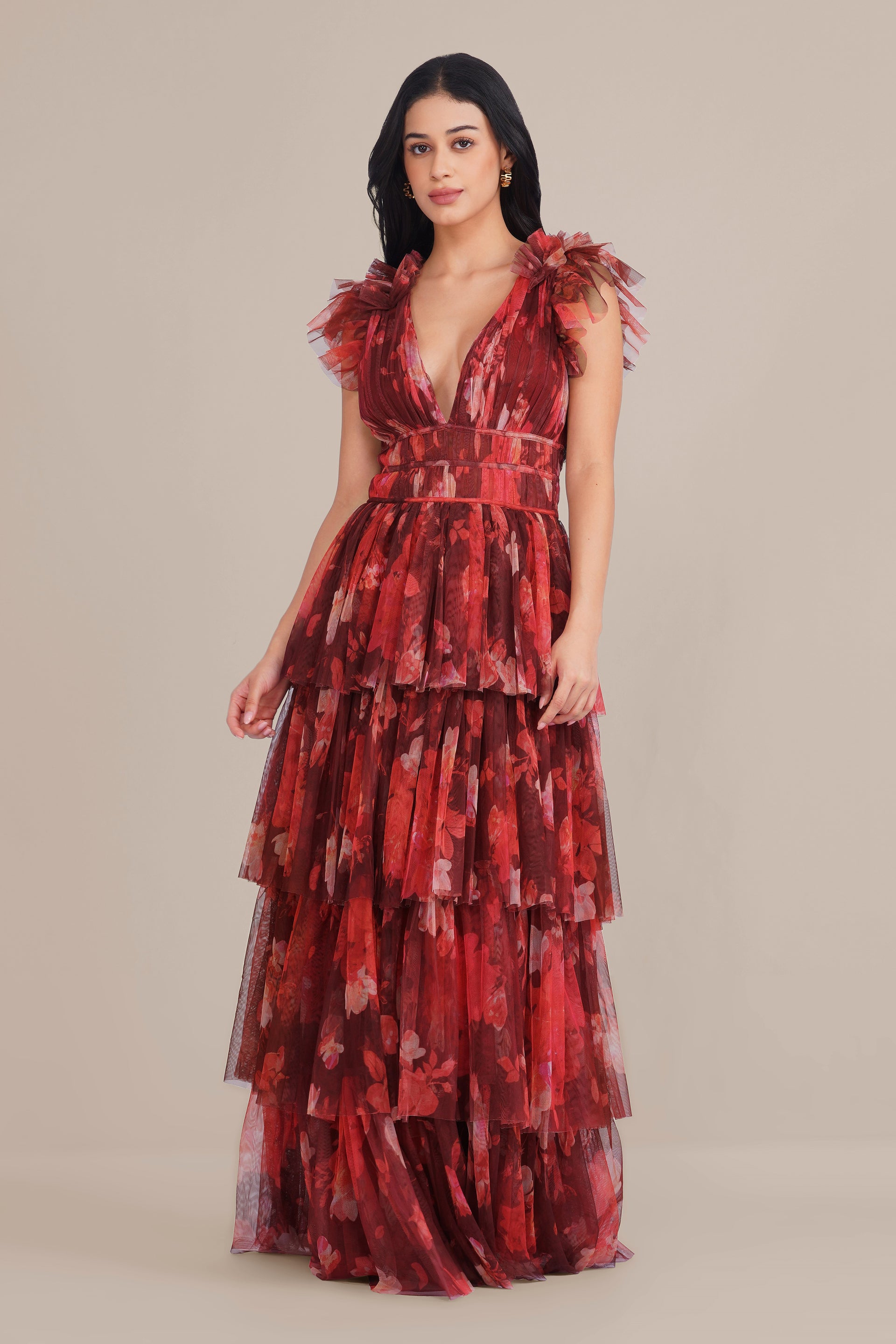 Naomi Tulle Maxi Dress in Deep Red Floral