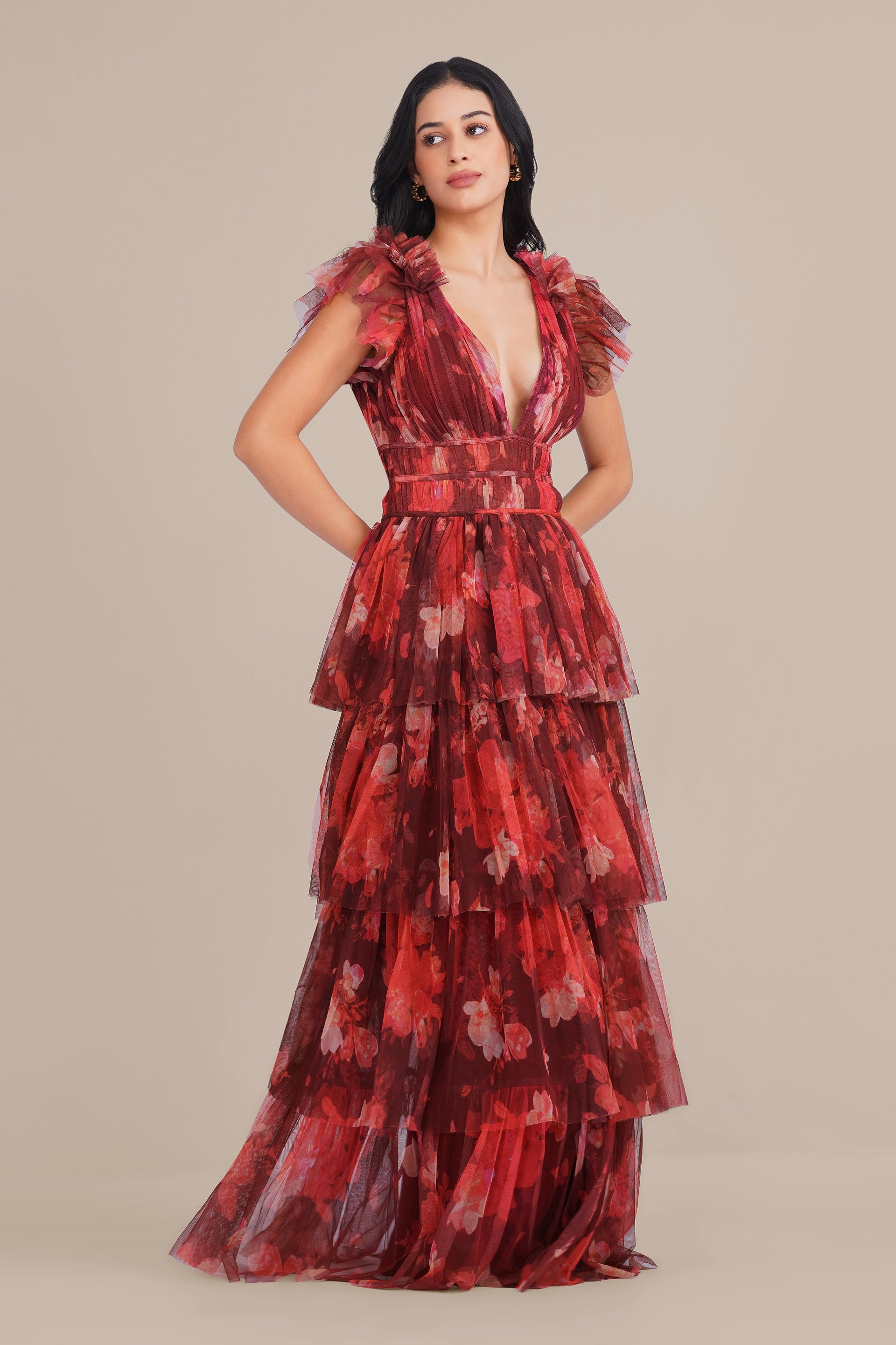 Naomi Tulle Maxi Dress in Deep Red Floral