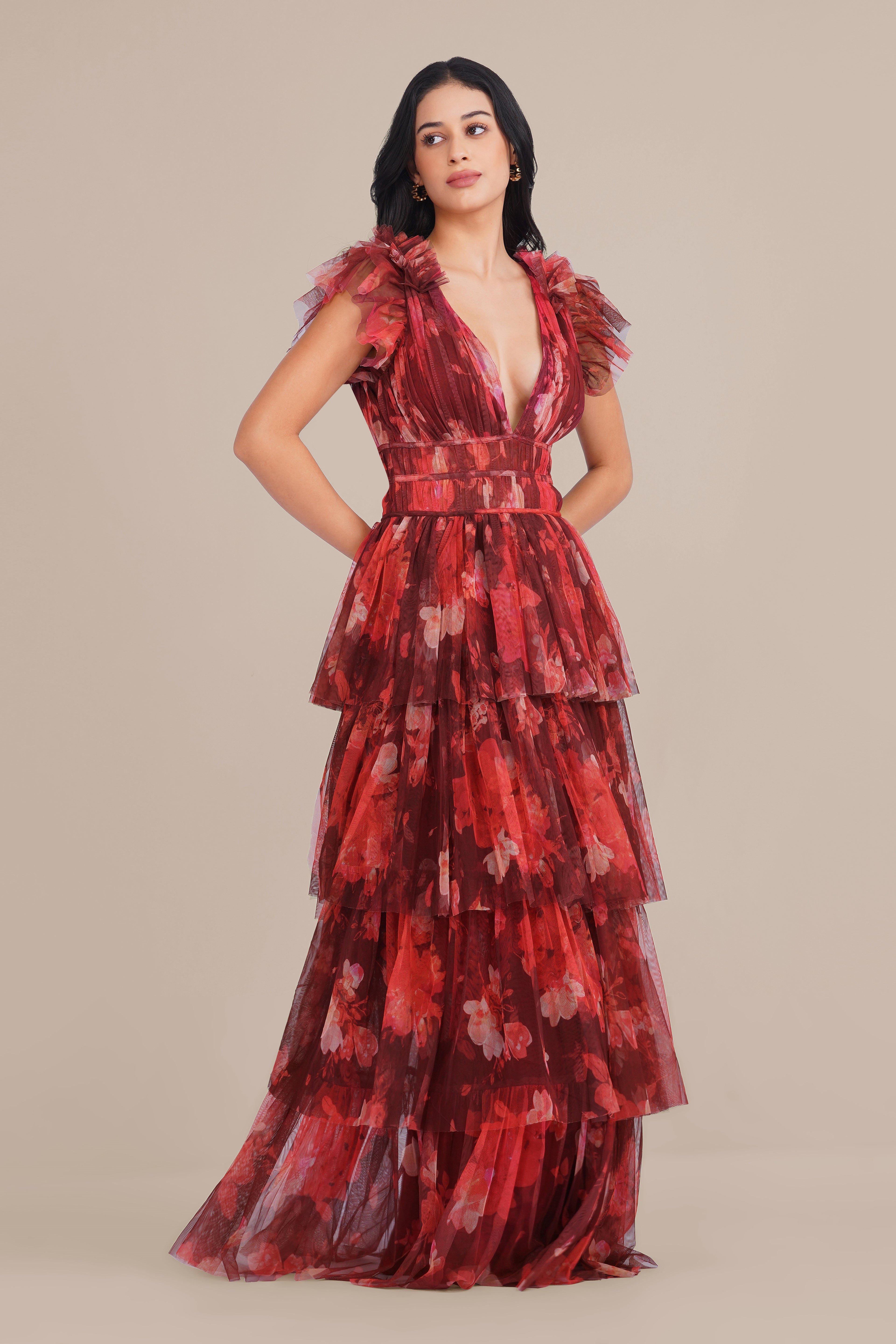 Naomi Tulle Maxi Dress in Deep Red Floral
