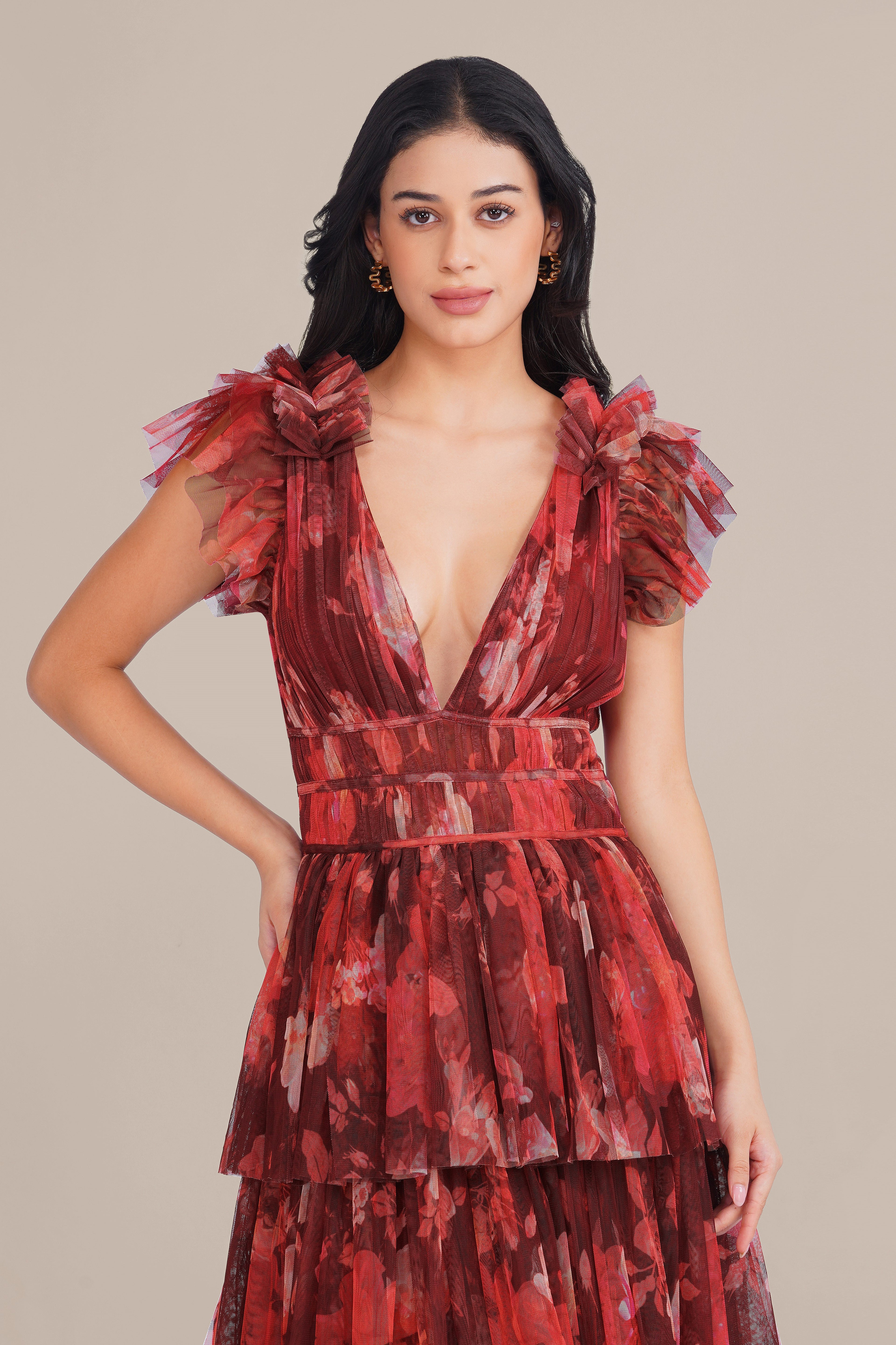 Naomi Tulle Maxi Dress in Deep Red Floral