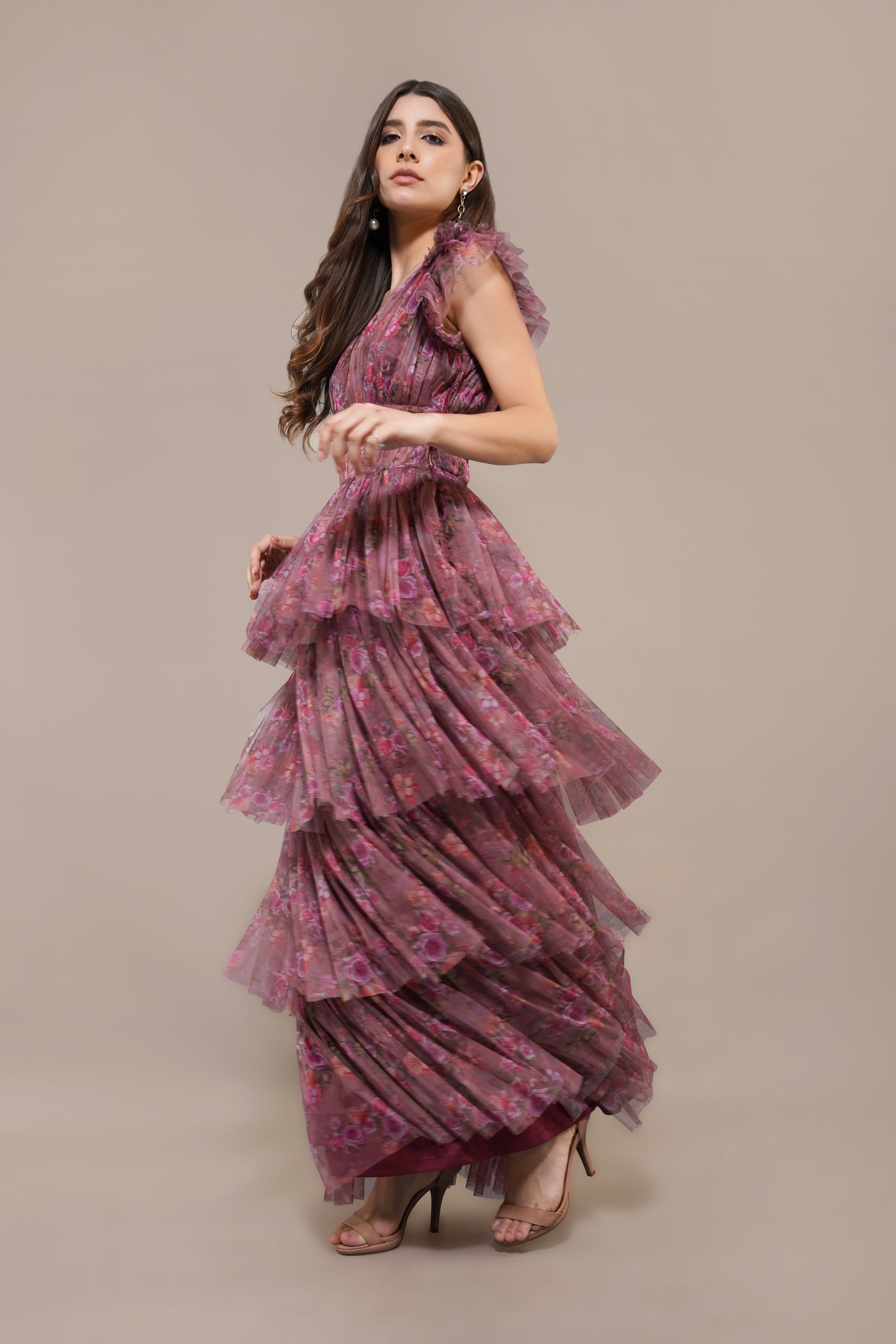 Naomi Tulle Maxi Dress in Purple Floral