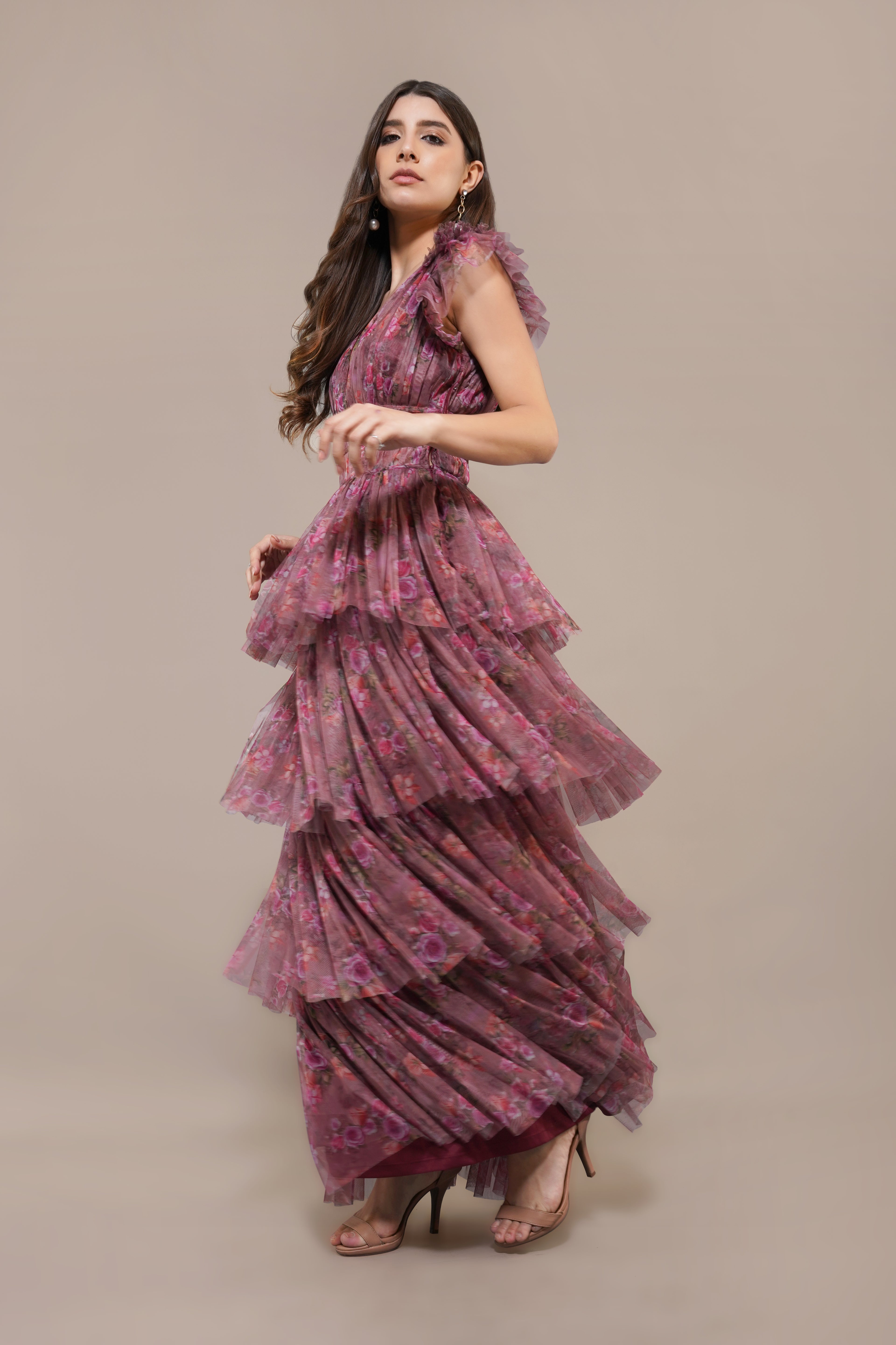 Naomi Tulle Maxi Dress in Purple Floral