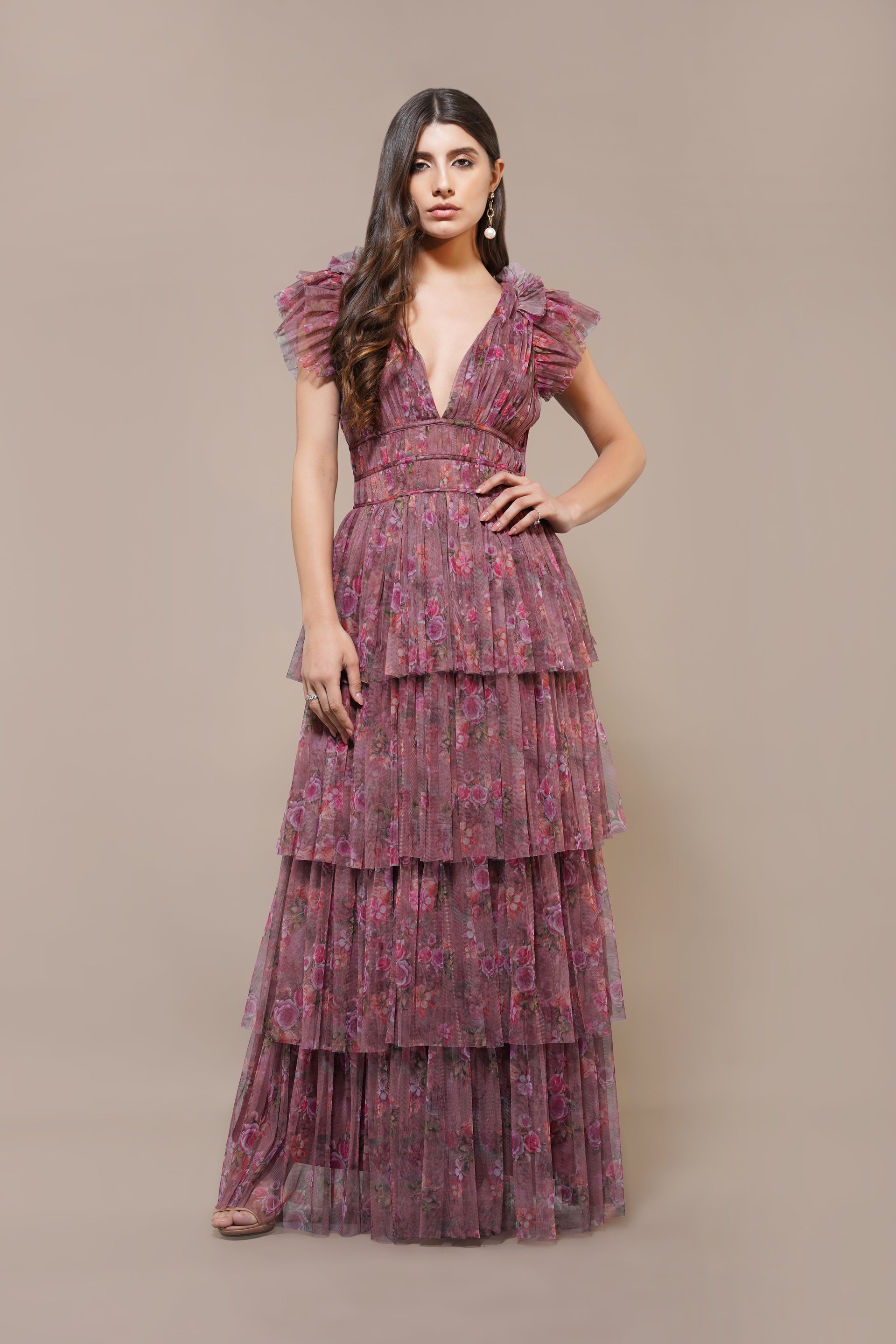 Plunging v-neck tiered maxi ruffle shoulder purple floral print maxi formal evening 