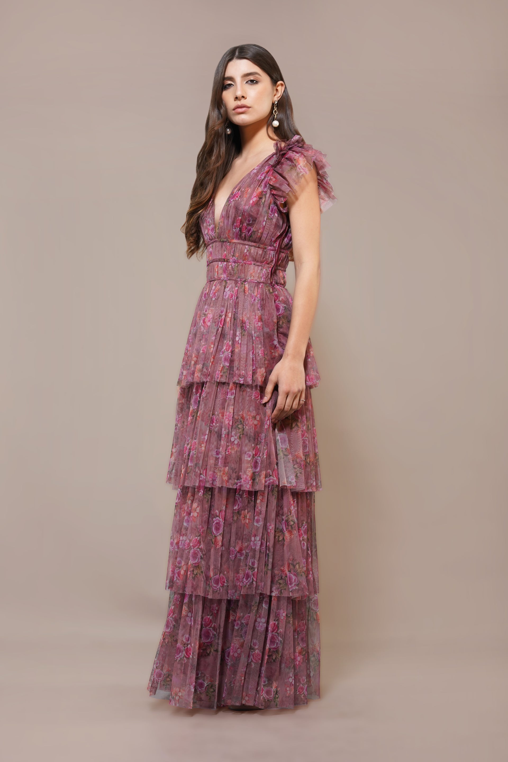 Naomi Tulle Maxi Dress in Purple Floral