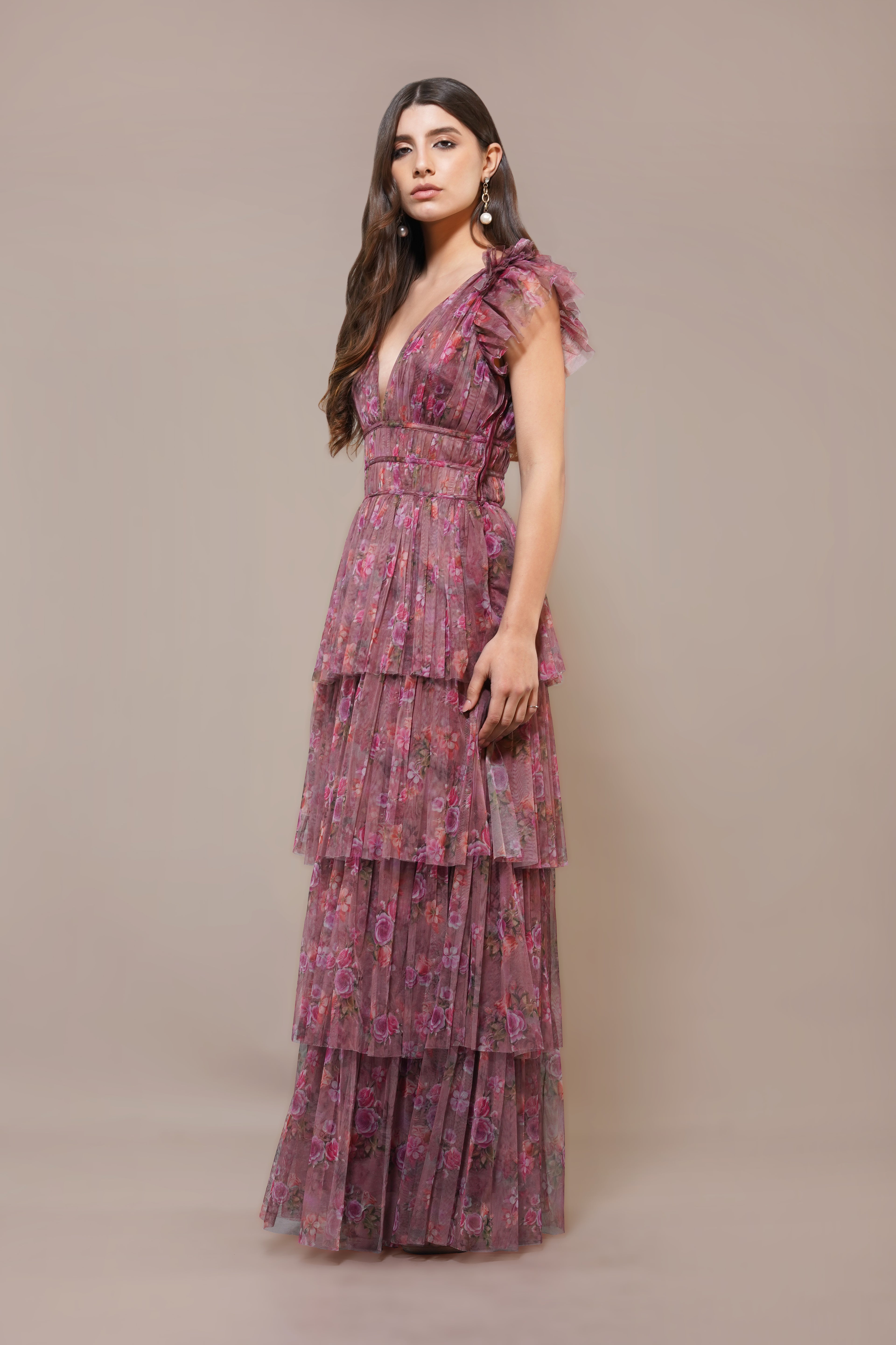 Naomi Tulle Maxi Dress in Purple Floral