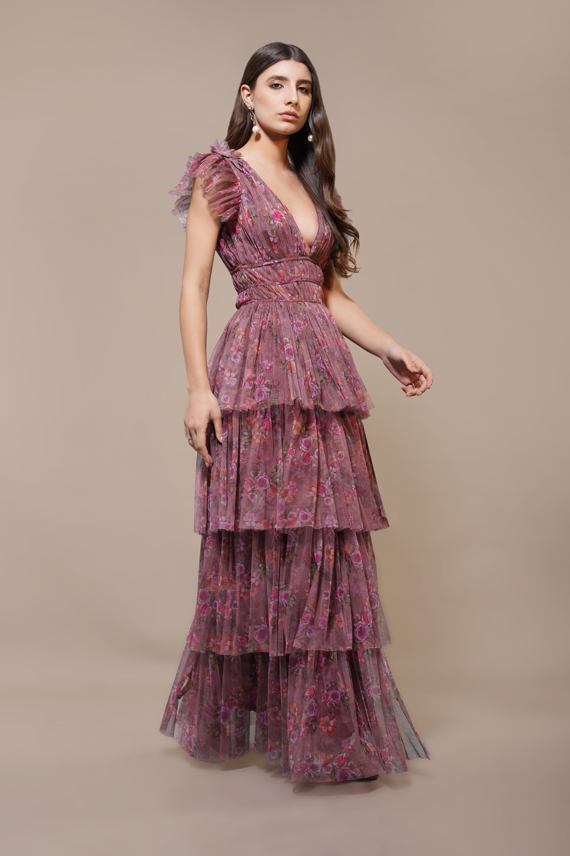 Naomi Tulle Maxi Dress in Purple Floral