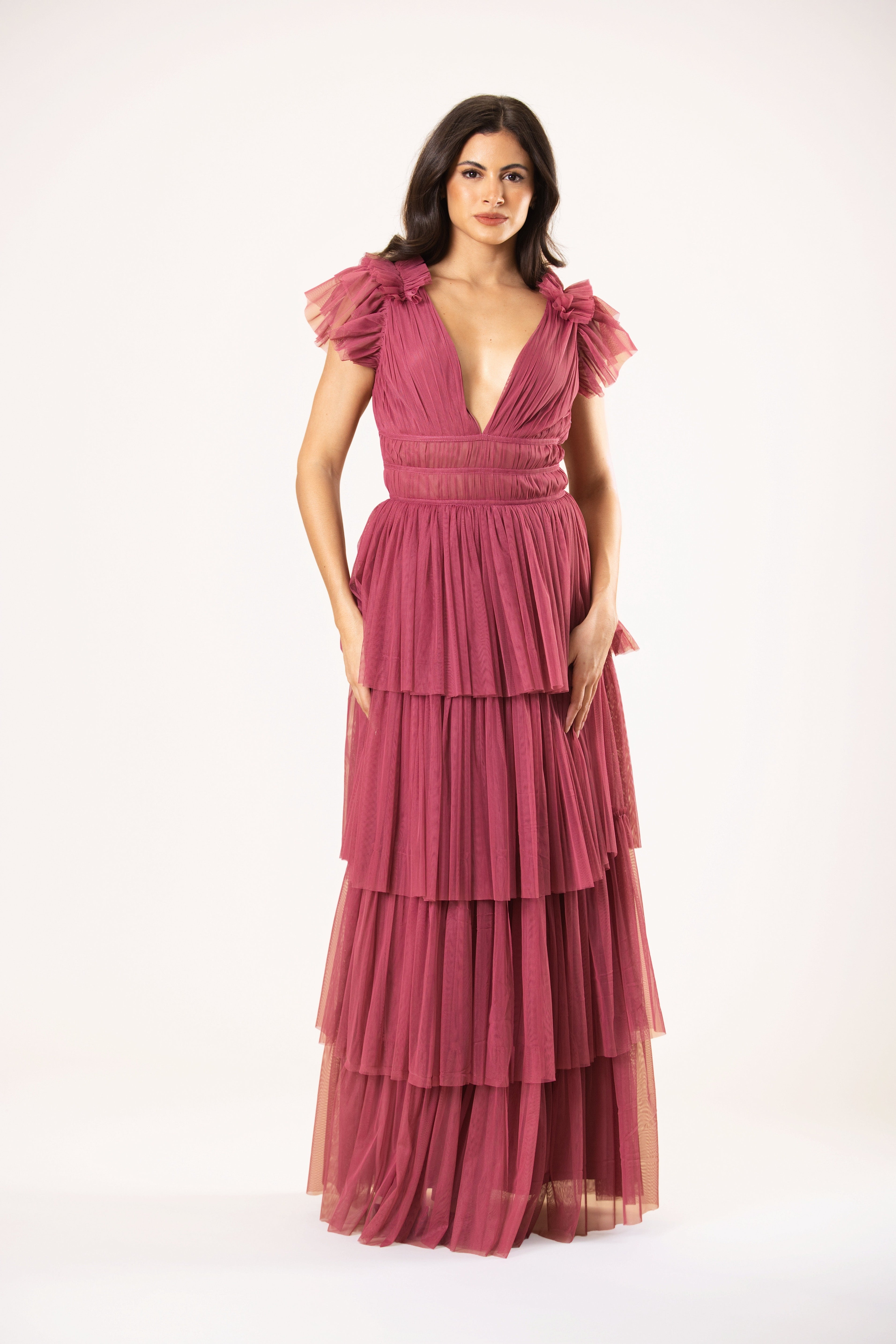 Ruffle shoulder tiered maxi dress pink purple orchid wedding guest tulle
