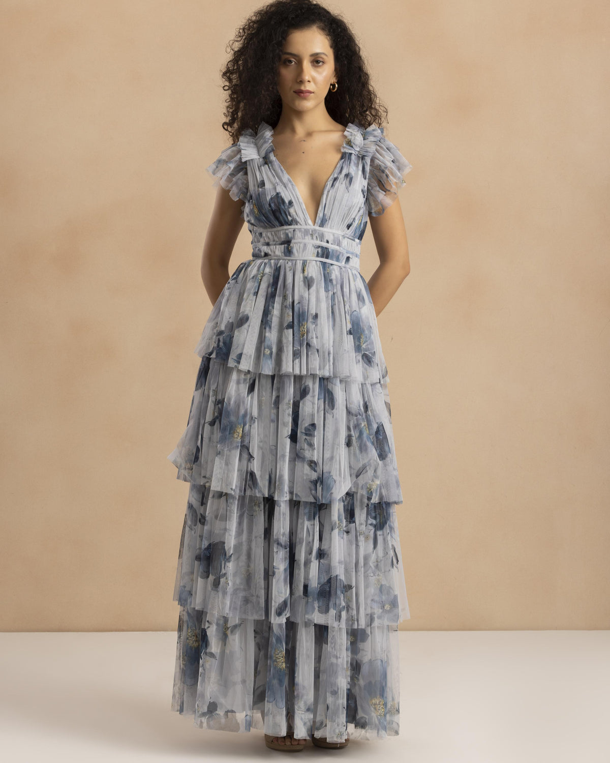 Naomi Tulle Maxi Dress in Grey Magnolia Print