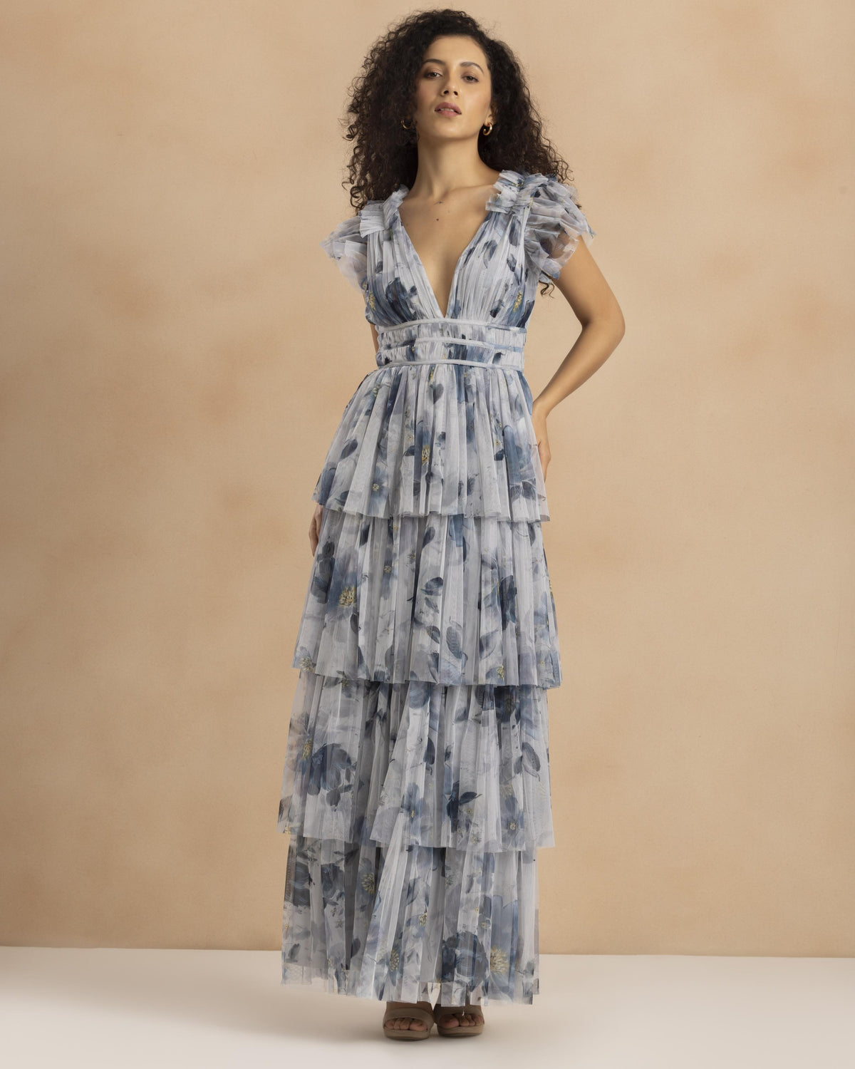 Naomi Tulle Maxi Dress in Grey Magnolia Print