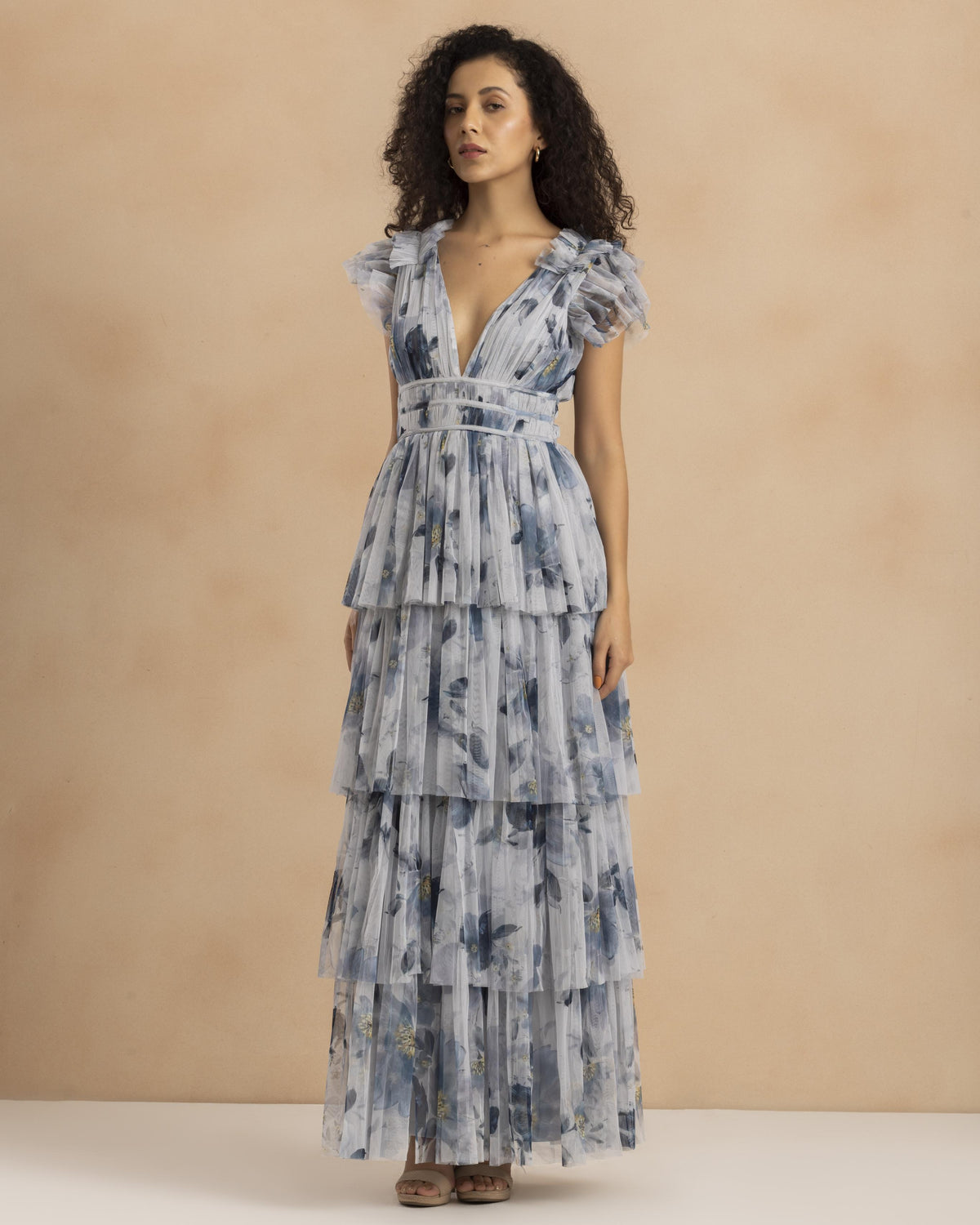 Naomi Tulle Maxi Dress in Grey Magnolia Print