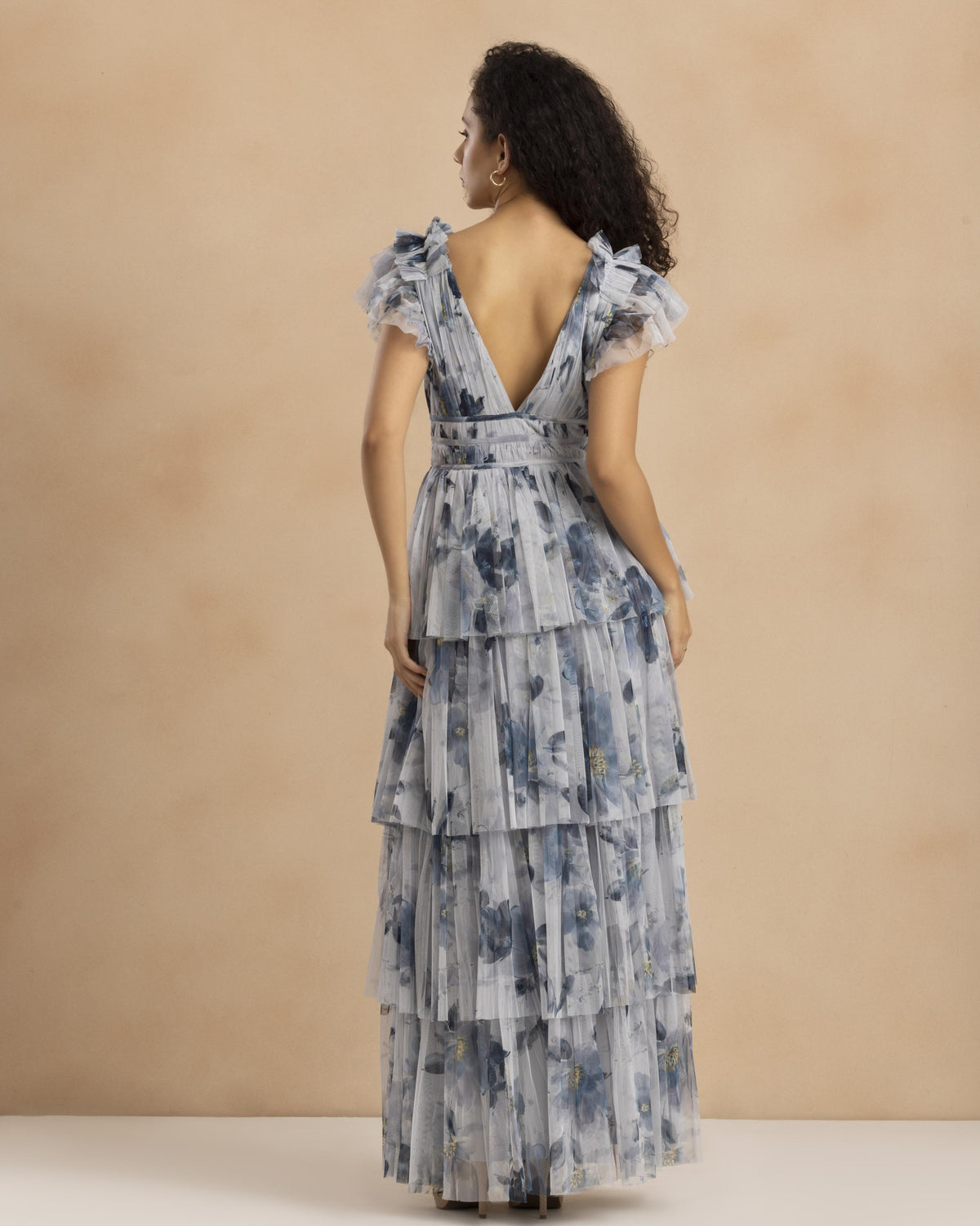 Naomi Tulle Maxi Dress in Grey Magnolia Print