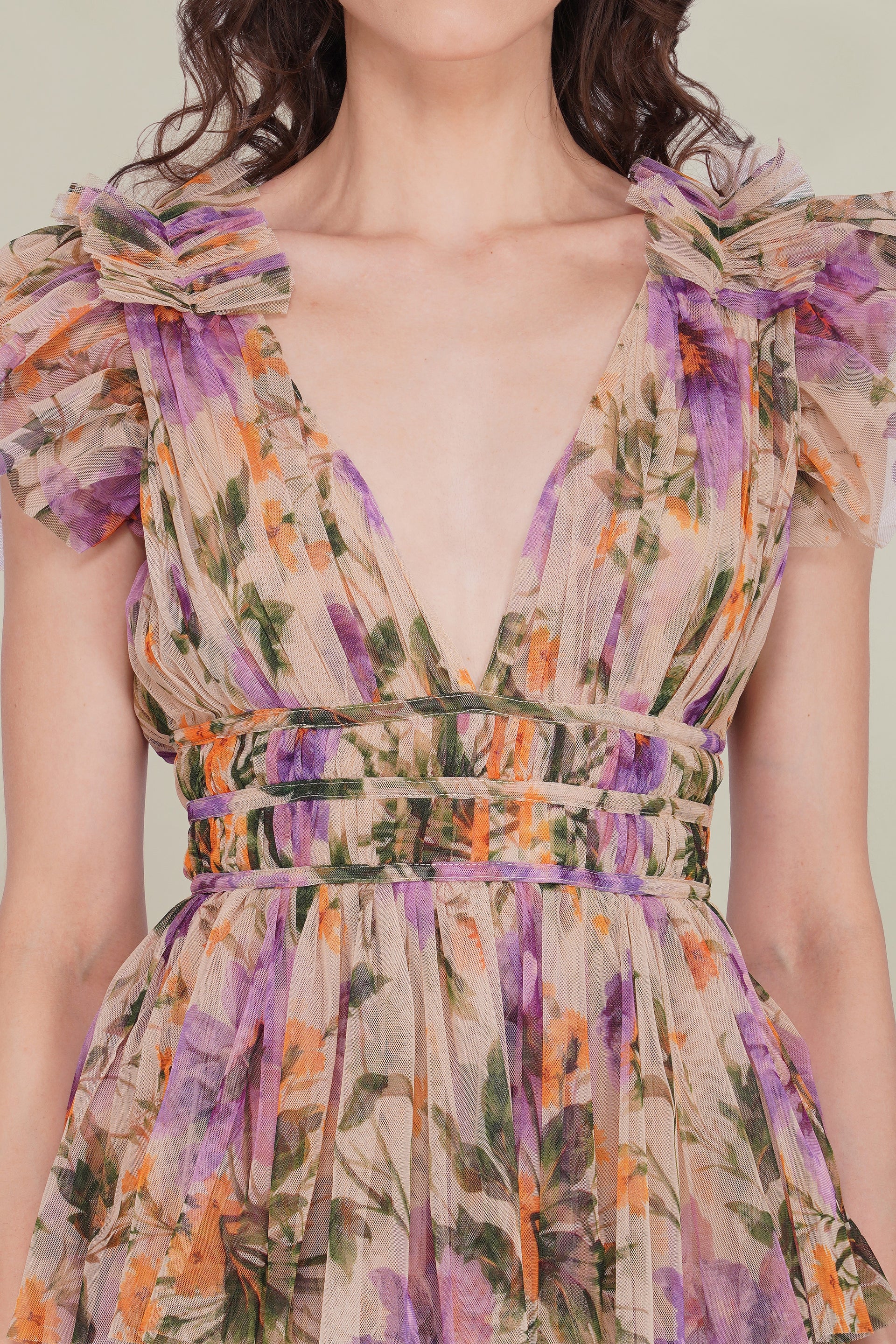 Naomi Tulle Mini Dress in Purple Botanical Print