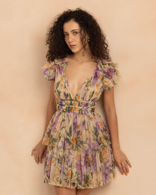 Naomi Tulle Mini Dress in Purple Botanical Print