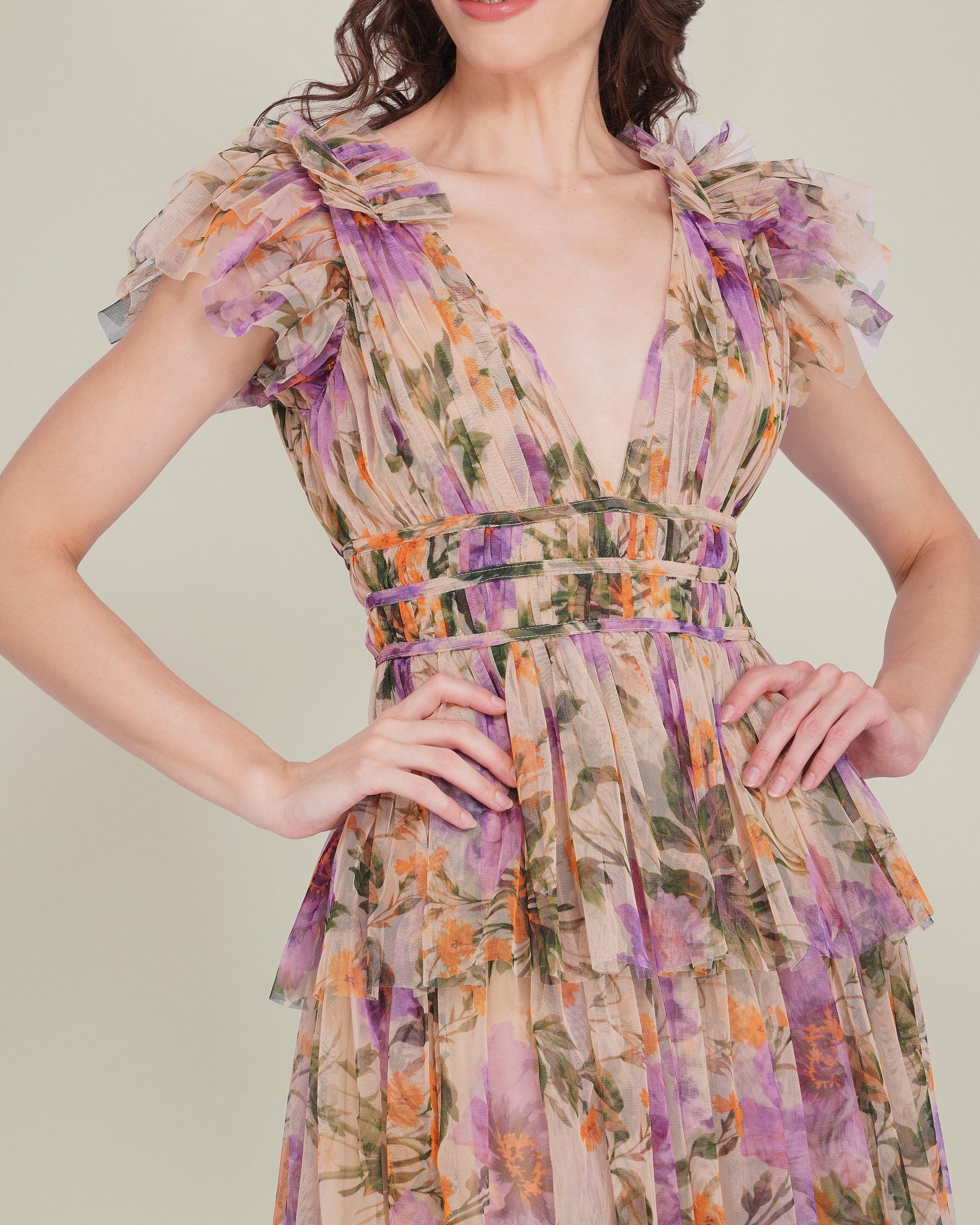 Naomi Tulle Mini Dress in Purple Botanical Print