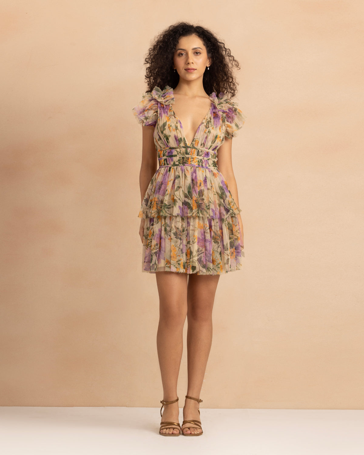 Naomi Tulle Mini Dress in Purple Botanical Print