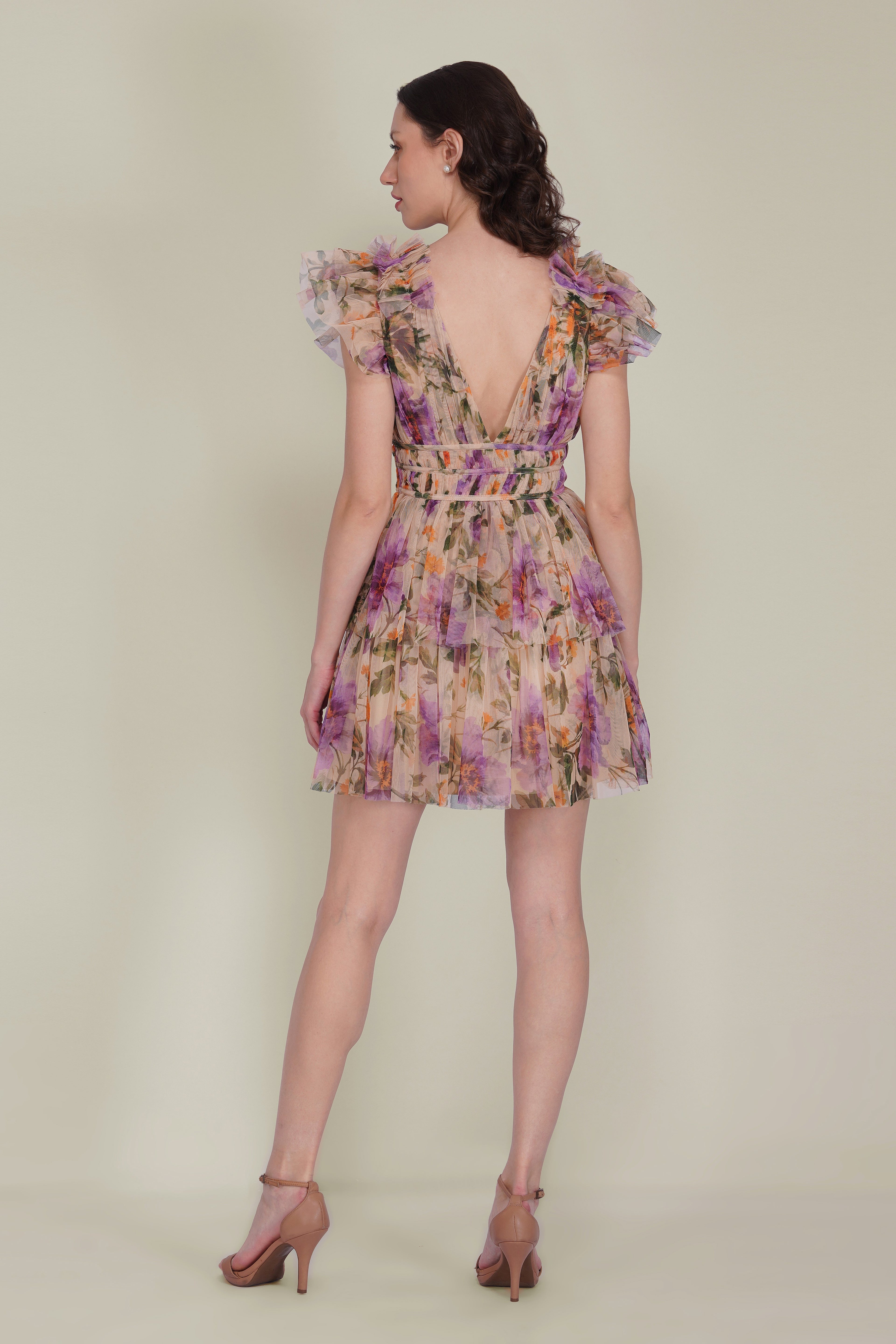 Naomi Tulle Mini Dress in Purple Botanical Print