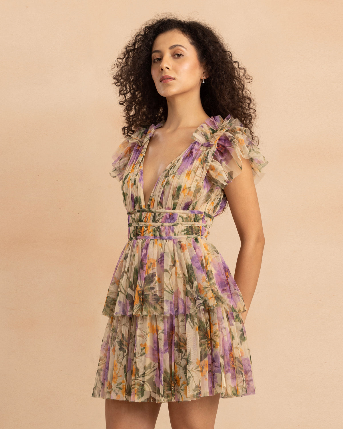 Naomi Tulle Mini Dress in Purple Botanical Print