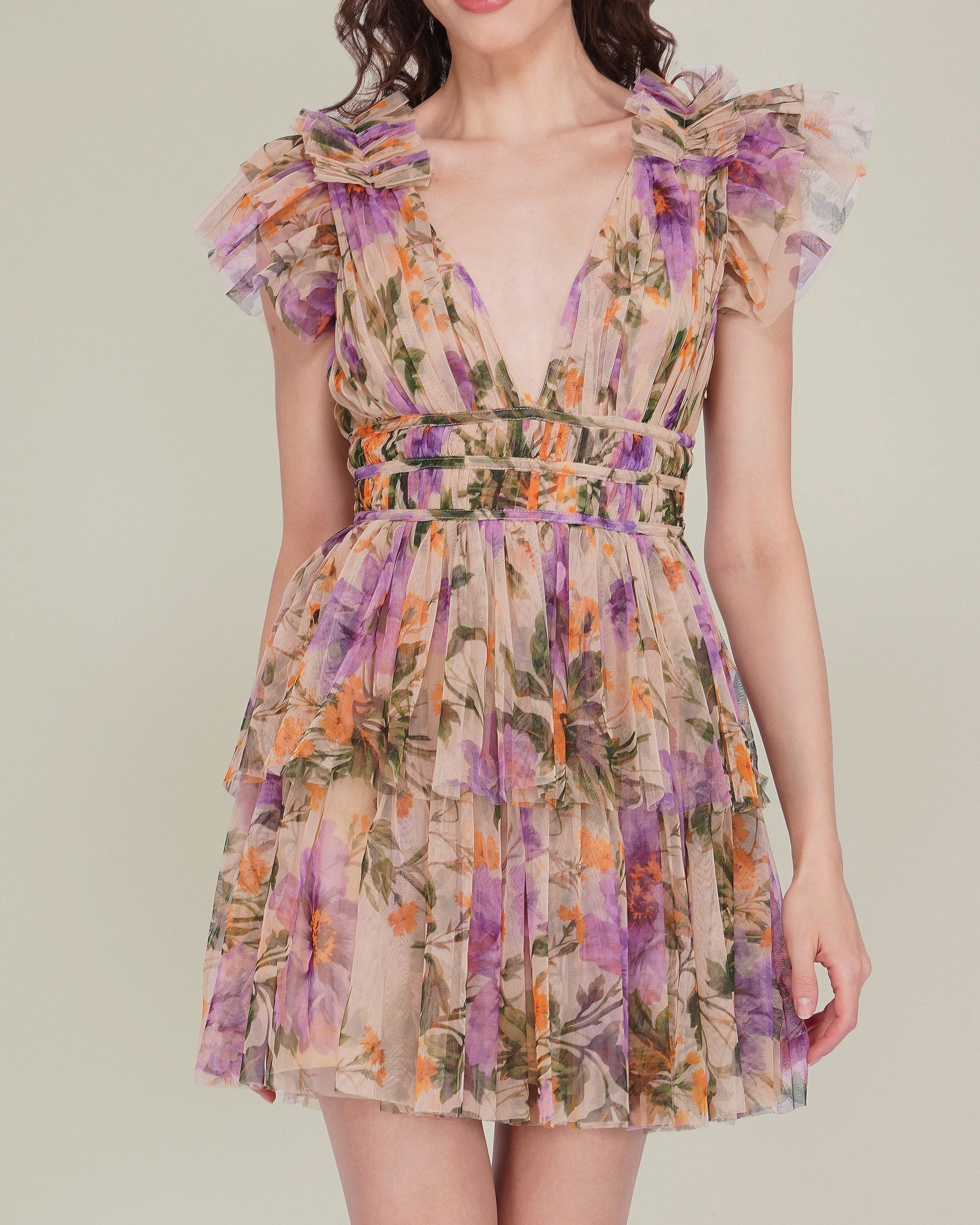 Naomi Tulle Mini Dress in Purple Botanical Print