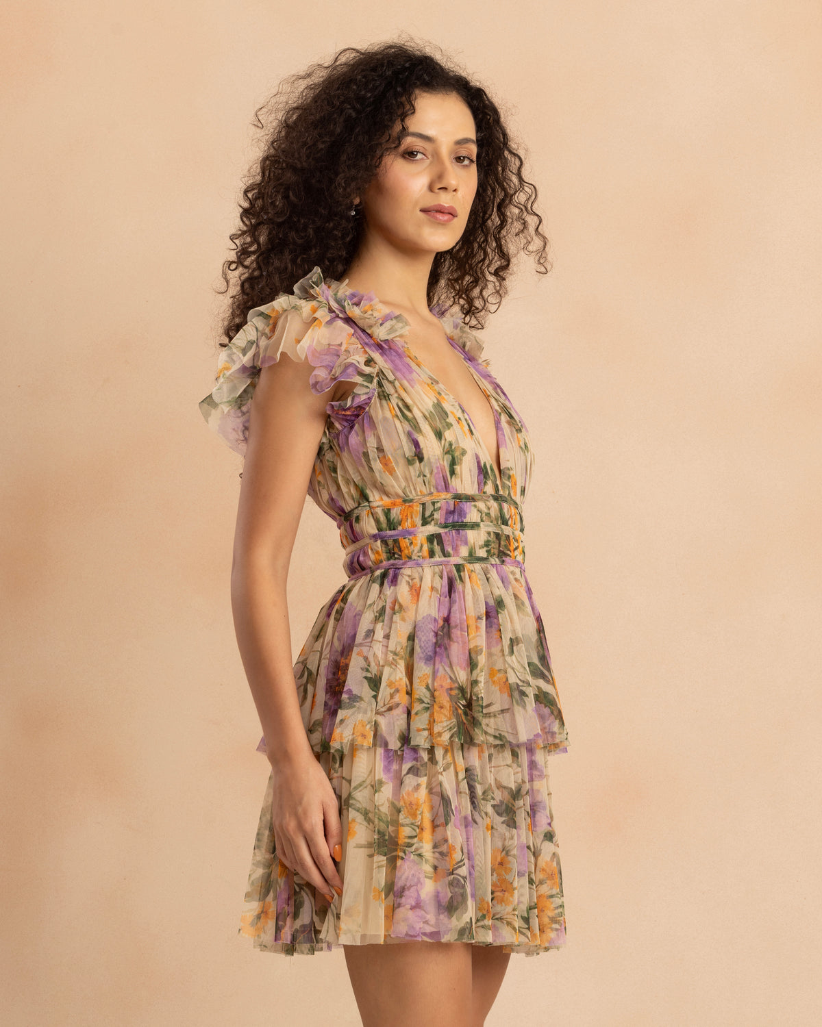 Naomi Tulle Mini Dress in Purple Botanical Print
